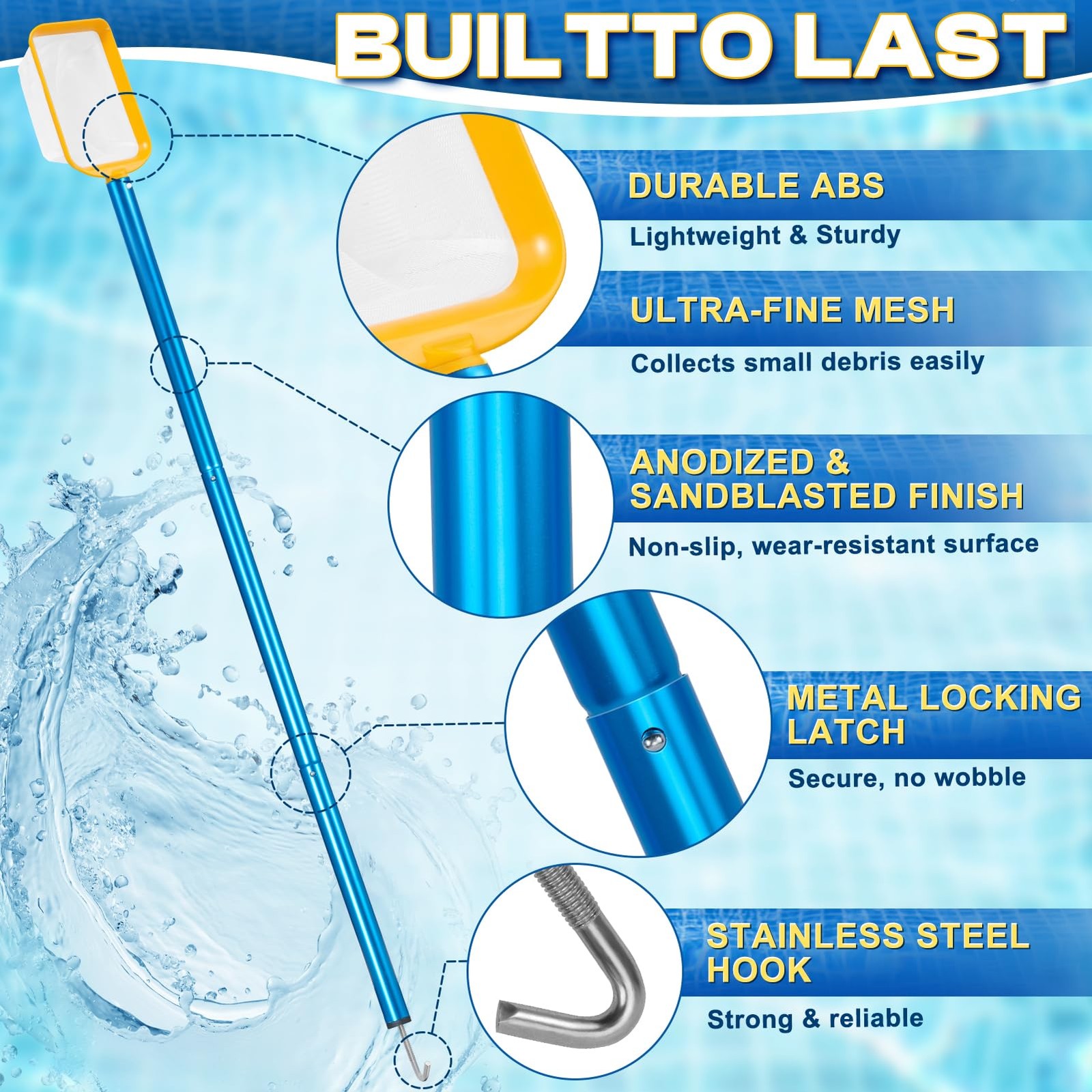 50in 2-in-1 Pool Skimmer Tool with Stainless Steel Hook and Detachable Fine M…