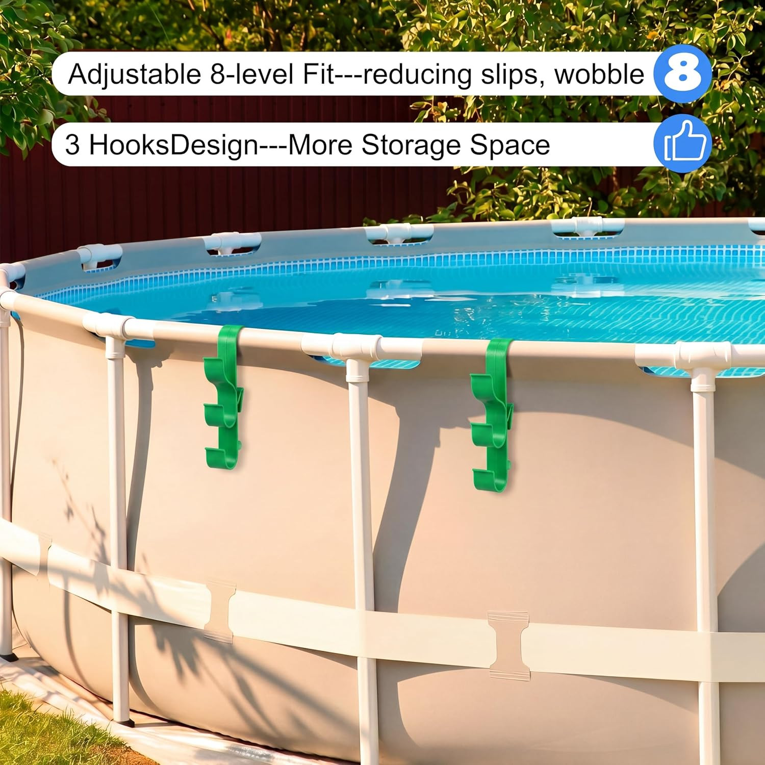 2 Pack Adjustable Pool Pole Hanger with 3 Hooks, Pool Fence Hooks Clip-On Poolsi