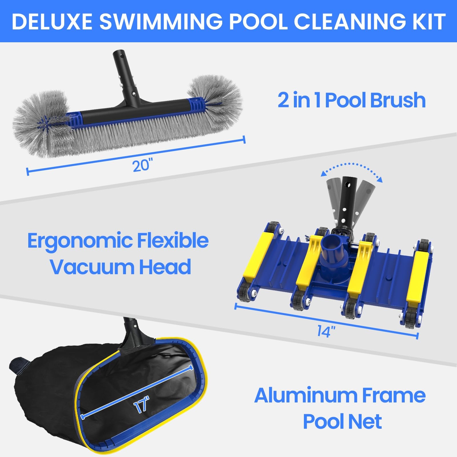 Swimming Pool Cleaning Kit: Skimmer Net, 2-in-1 Brush & Weighted Vacuum Head