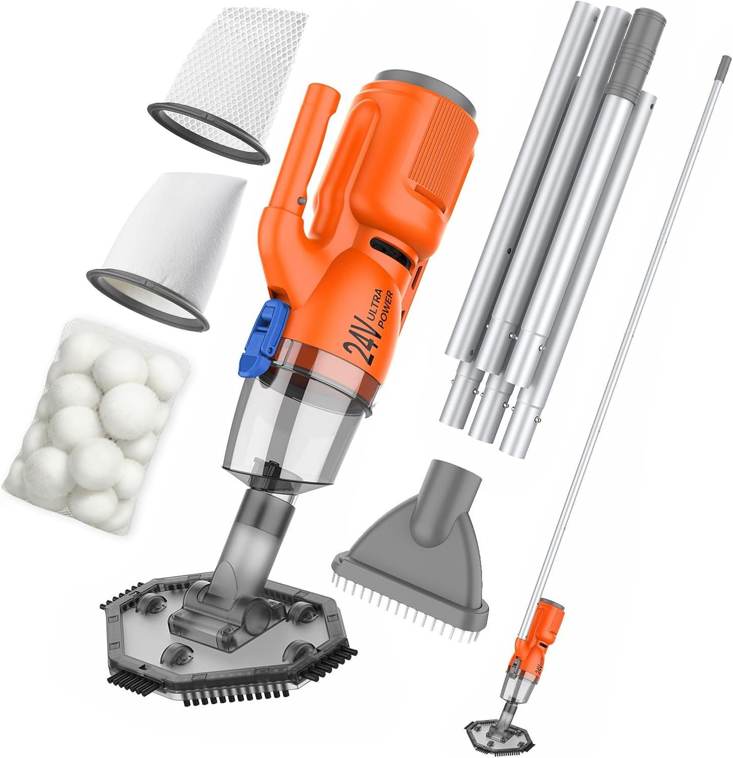 24V Cordless Handheld Pool Vacuum – 43,000Pa Hyper Suction, 3-Stage 3D Fiber Bal