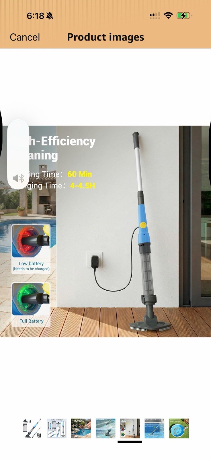 Cordless Rechargeable Pool Vacuum 60 Min w/ Telescopic Pole, Brush & Charger