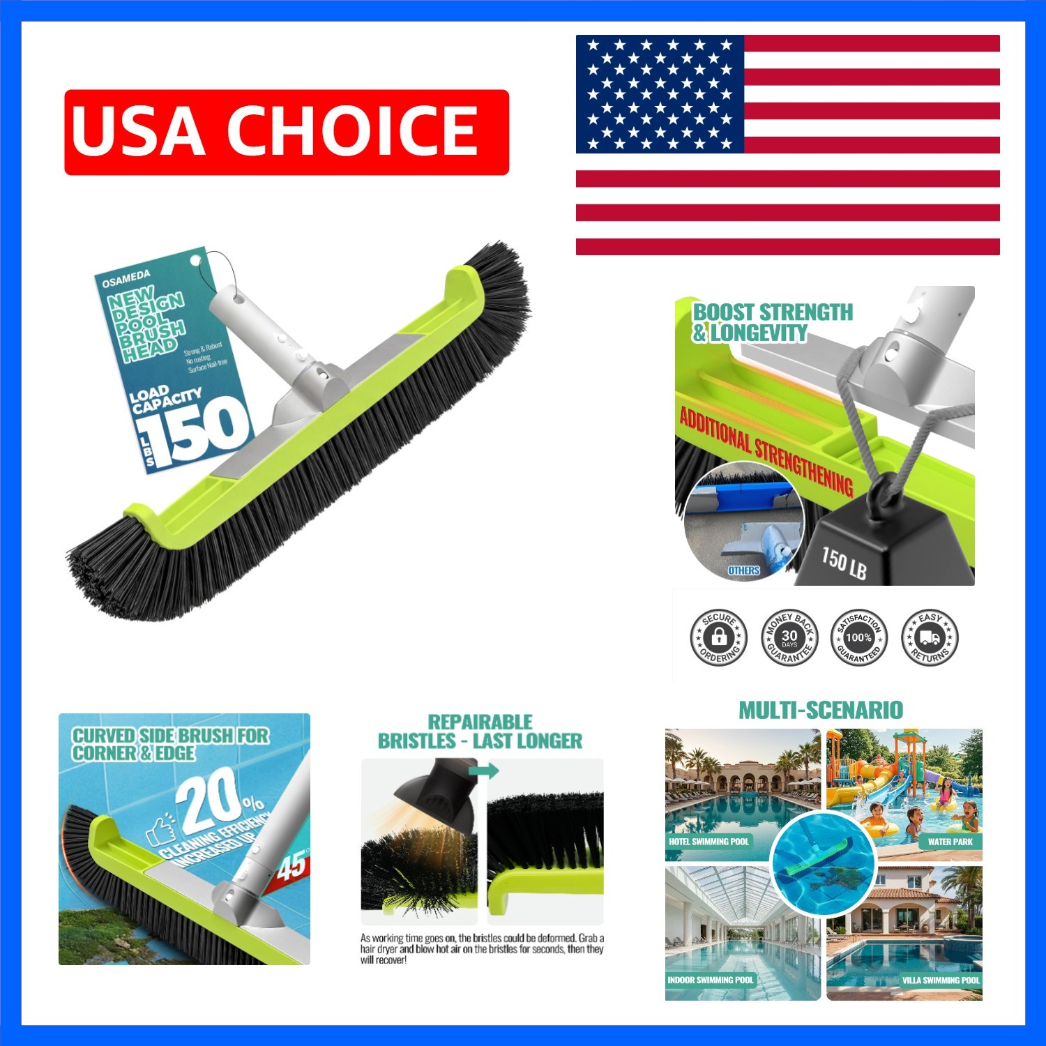 18&Prime; Pool Brush Head for Cleaning Swimming Pool Walls, Curved Ends High-Effici…