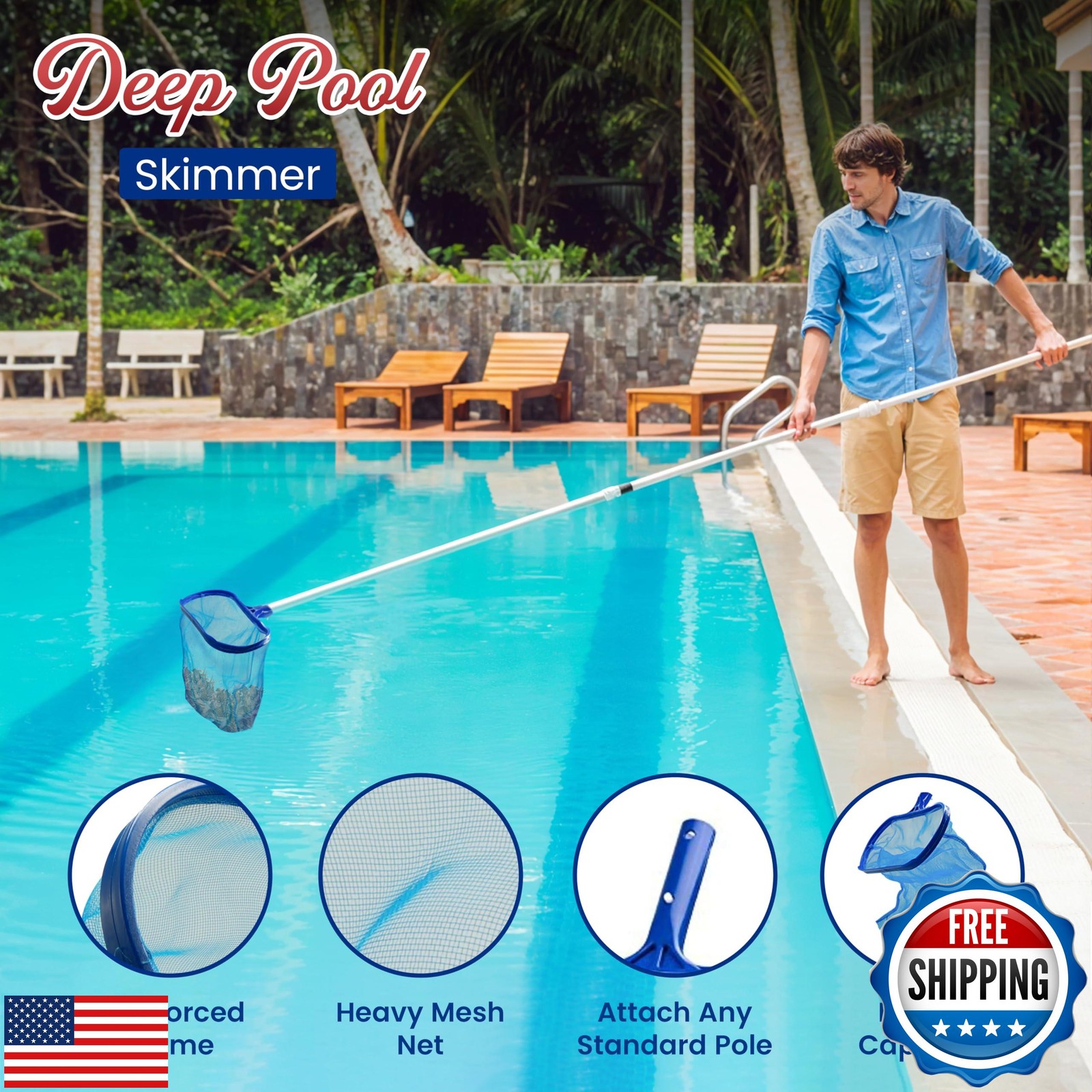 4E&rsquo;s Novelty Swimming Pool Skimmer Net and Leaf Rake Set – 17″ Heavy Duty Fra