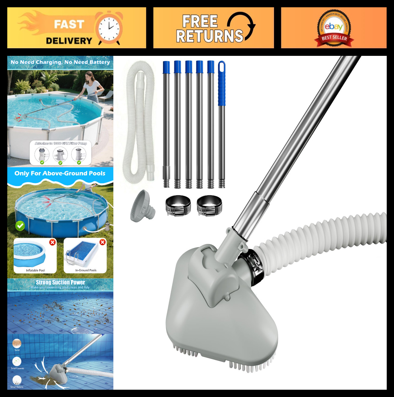 Above-Ground Pool Vacuum Cleaner with Telescopic Pole & 13ft Hose, Handheld Kit