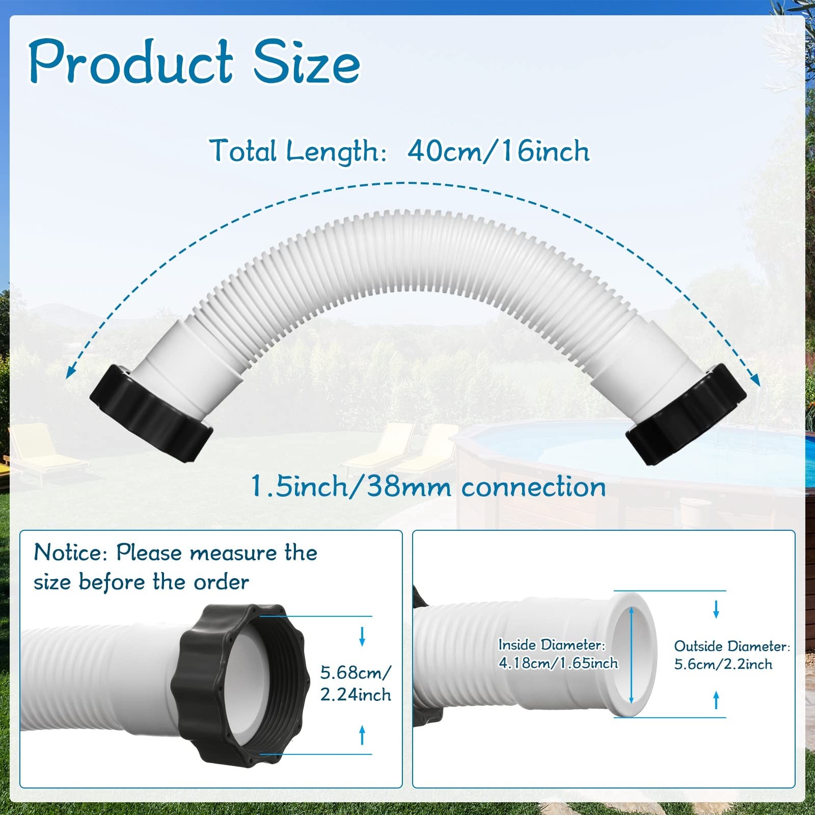 EBOOT 1 Pack 16 Inch Pool Pump Hoses for Above Ground Pools 16 inches, White