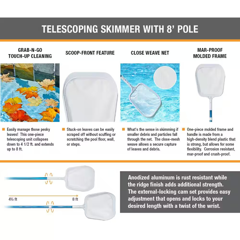 Swimming Pool and Spa Skimmer with 4Ft. to 8Ft. Telescoping Pole Lightweight NEW