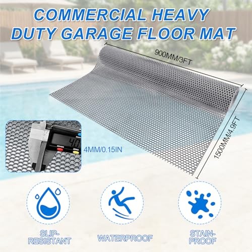 Drainage Mat, 4mm PVC Hexagonal Non-Slip Pool Floor Mat, Anti 3 x 4.9 ft Grey
