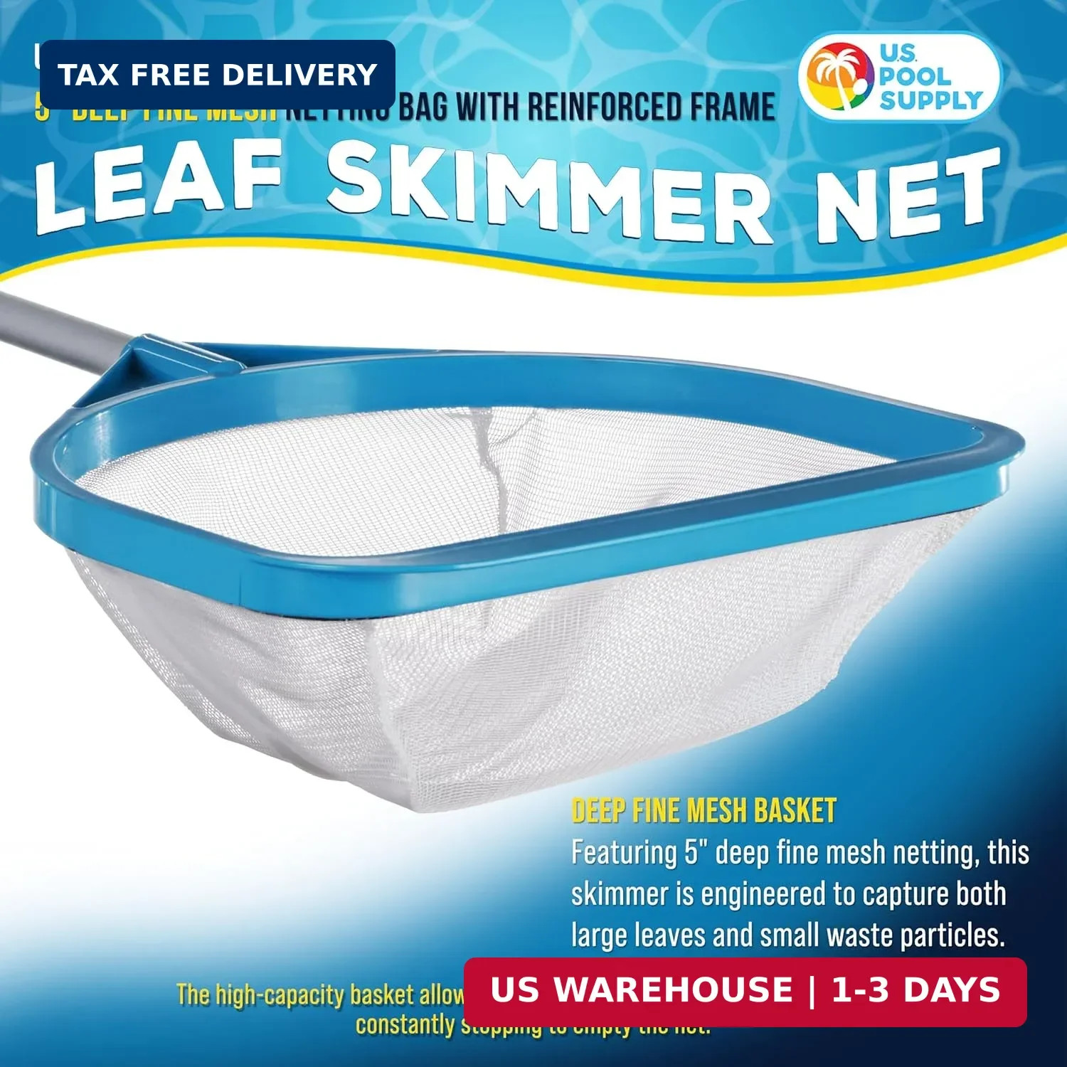 U.S. Pool Supply Pool and Spa Skimmer Net with Pole, 30&Prime; Long Handheld Fine Mesh
