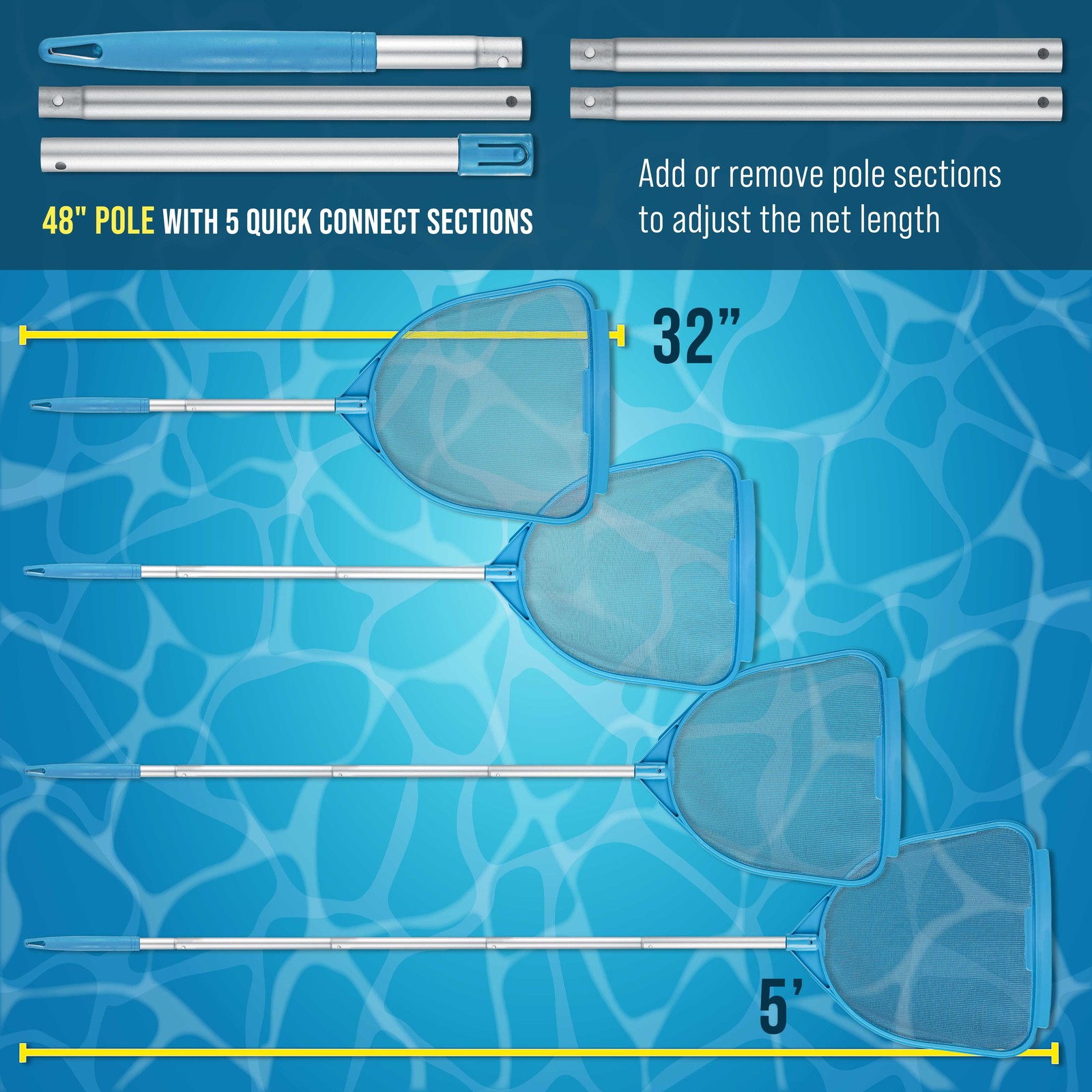 5ft Handheld Spa, Hot Tub, Swimming Pool Cleaning Net & Pole – Fine Mesh Netting