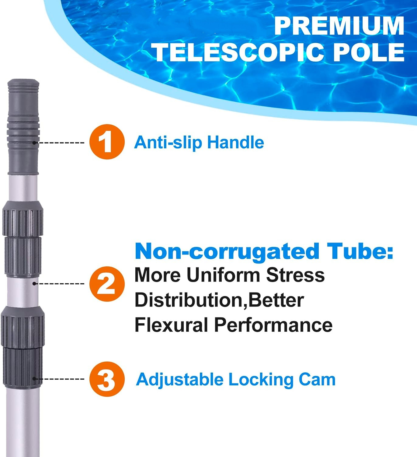 15FT Adjustable Telescoping Pool Cleaning Pole for Skimmer Net Brush Vacuum Head