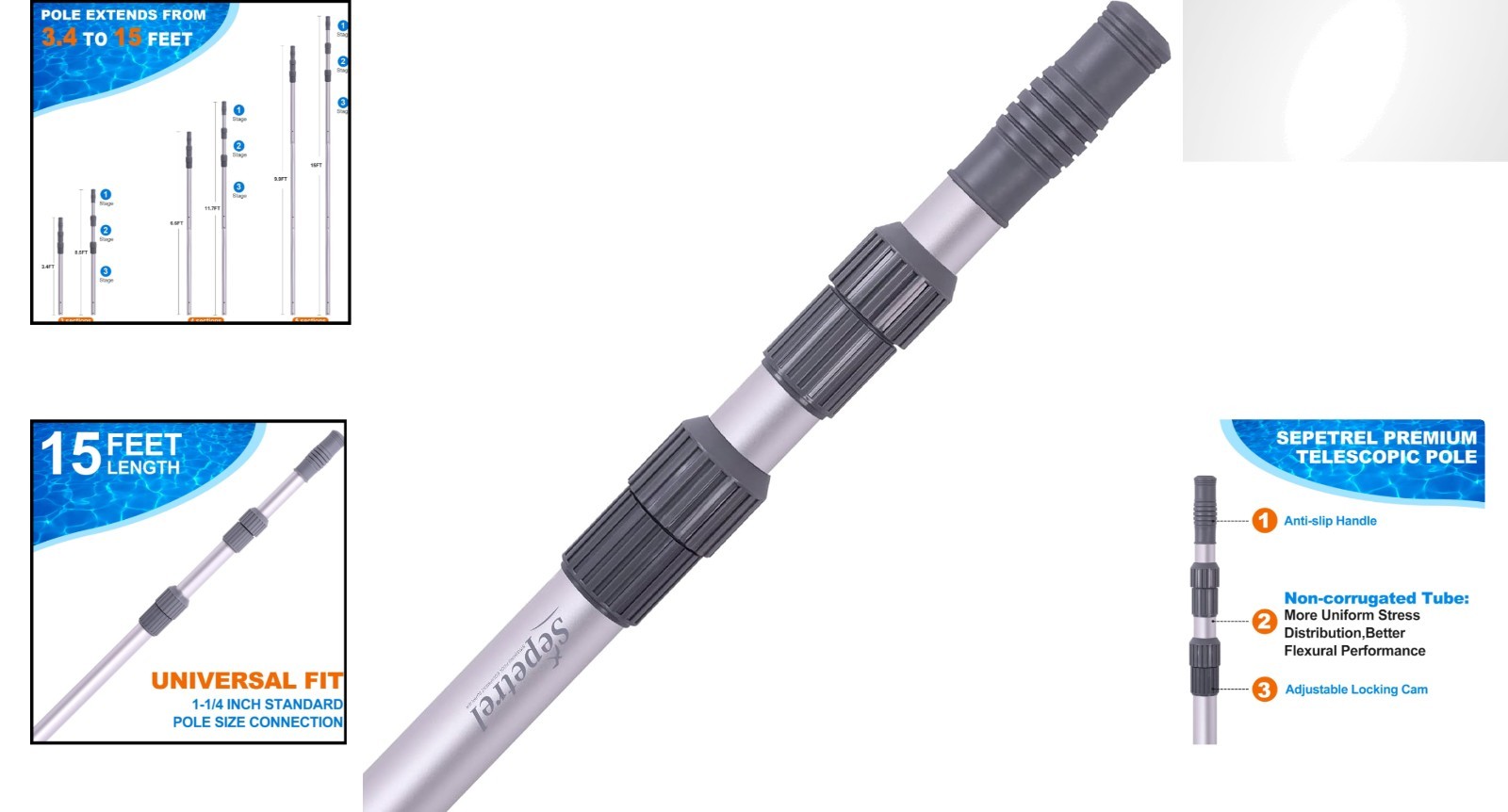 Durable 15-Foot Telescoping Aluminum Pool Pole – Universal Fit & Sleek Design