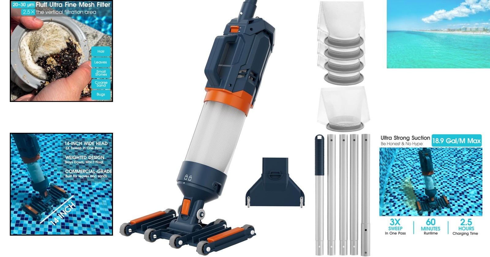 Efficient Heavy Duty Handheld Pool Vacuum – 2 Lithium-Ion Batteries Included