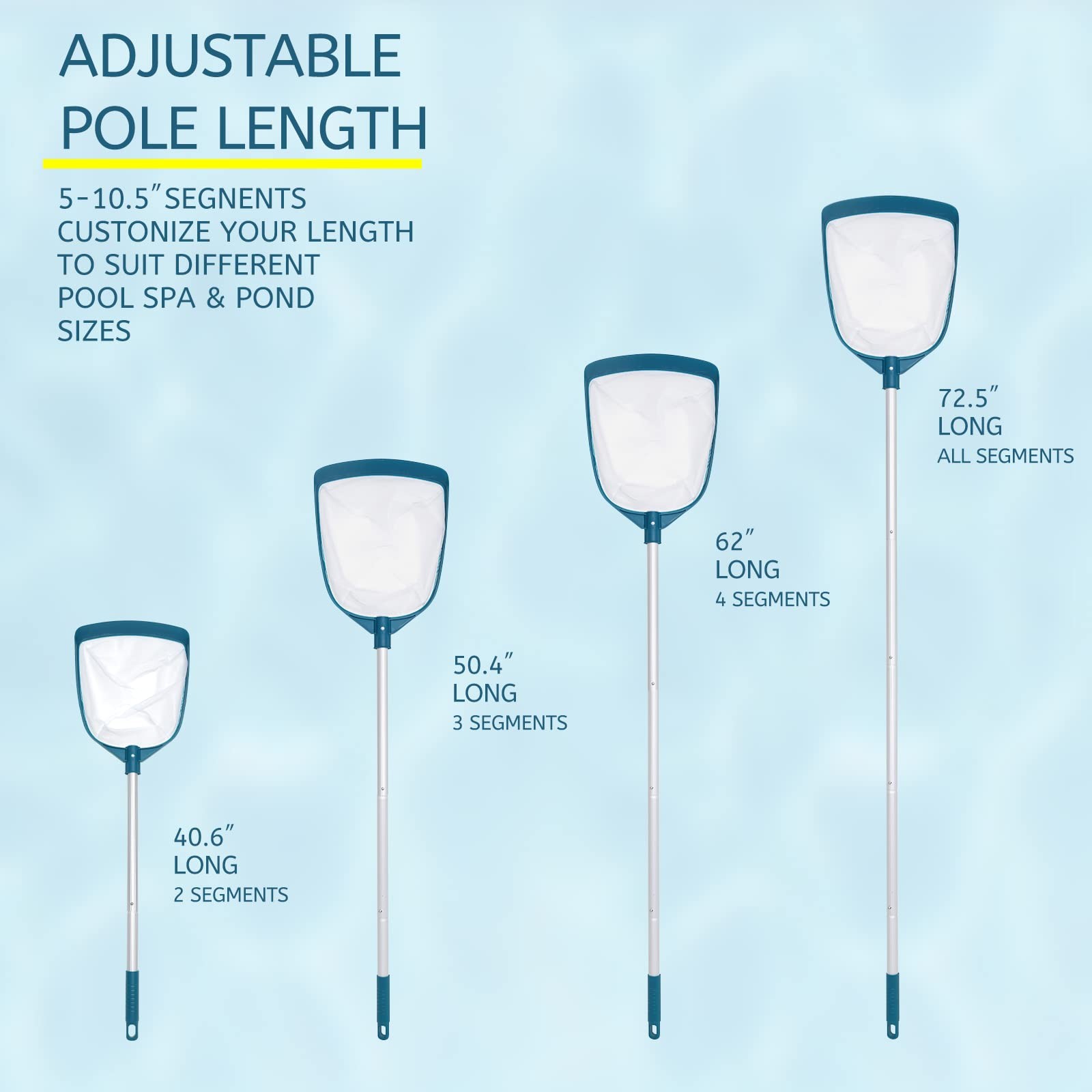 Pool Skimmer Net with Adjustable Pole Leaf Rake for Hot Tubs Spas Fountains