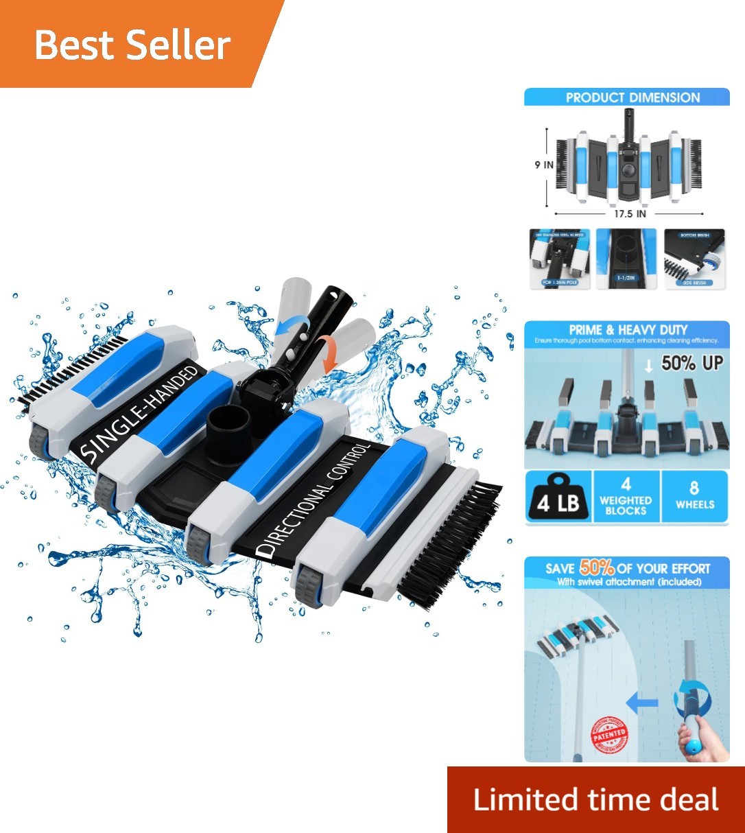 Deep Clean Your Pool with 4lb Weighted Vacuum Head & Handles Debris Effortlessly