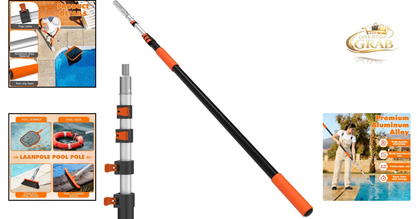 16ft Heavy Duty Telescopic Pool Pole Adjustable Aluminum Pool Cleaning Pole