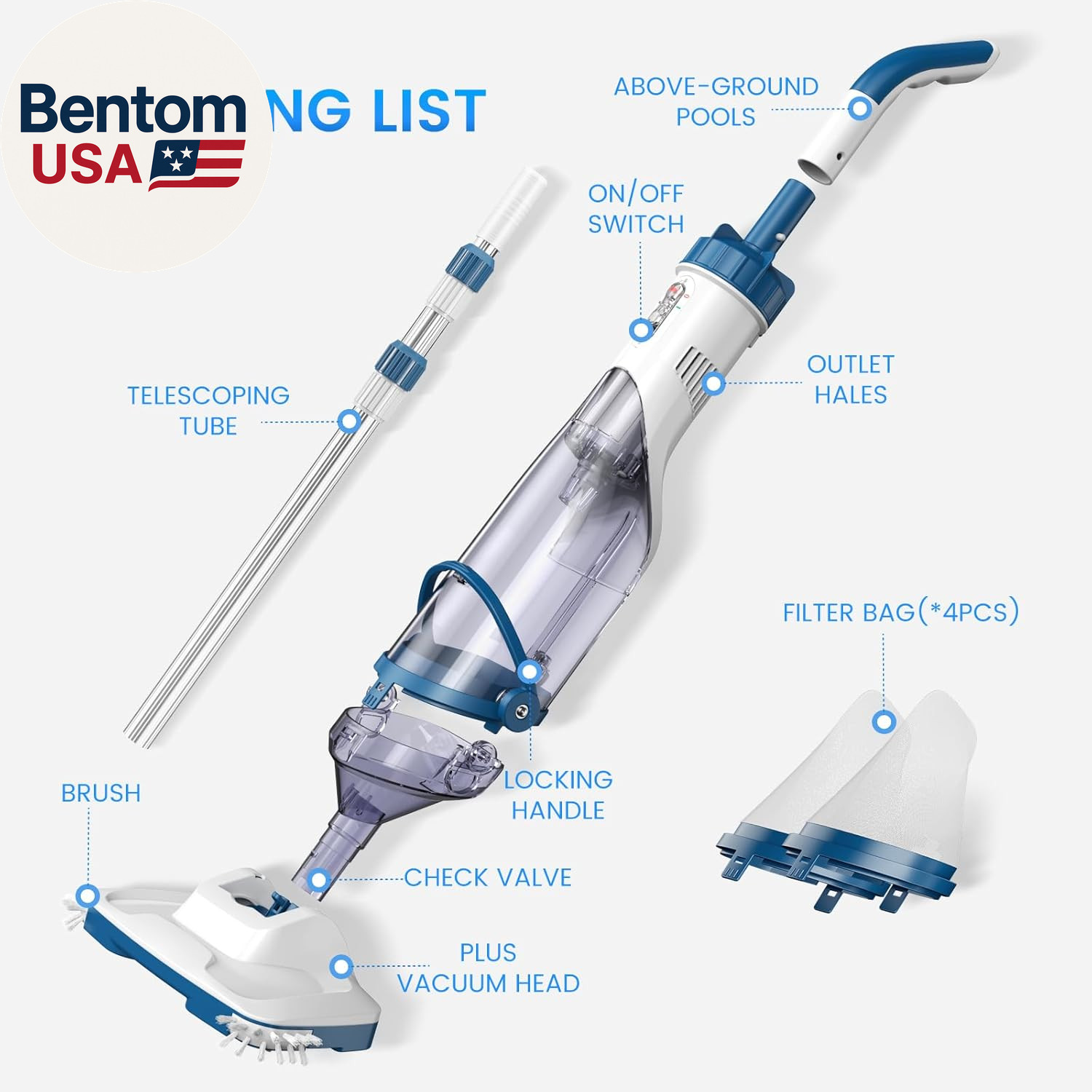 Pool Vacuum for above Ground Pool, Upgraded 13.4&Prime; Wide Head & Telescopic Pole, 1