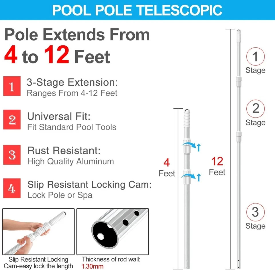 Professional Thicken 12 Foot Swimming Pool Pole Telescopic Aluminum Fits Pool