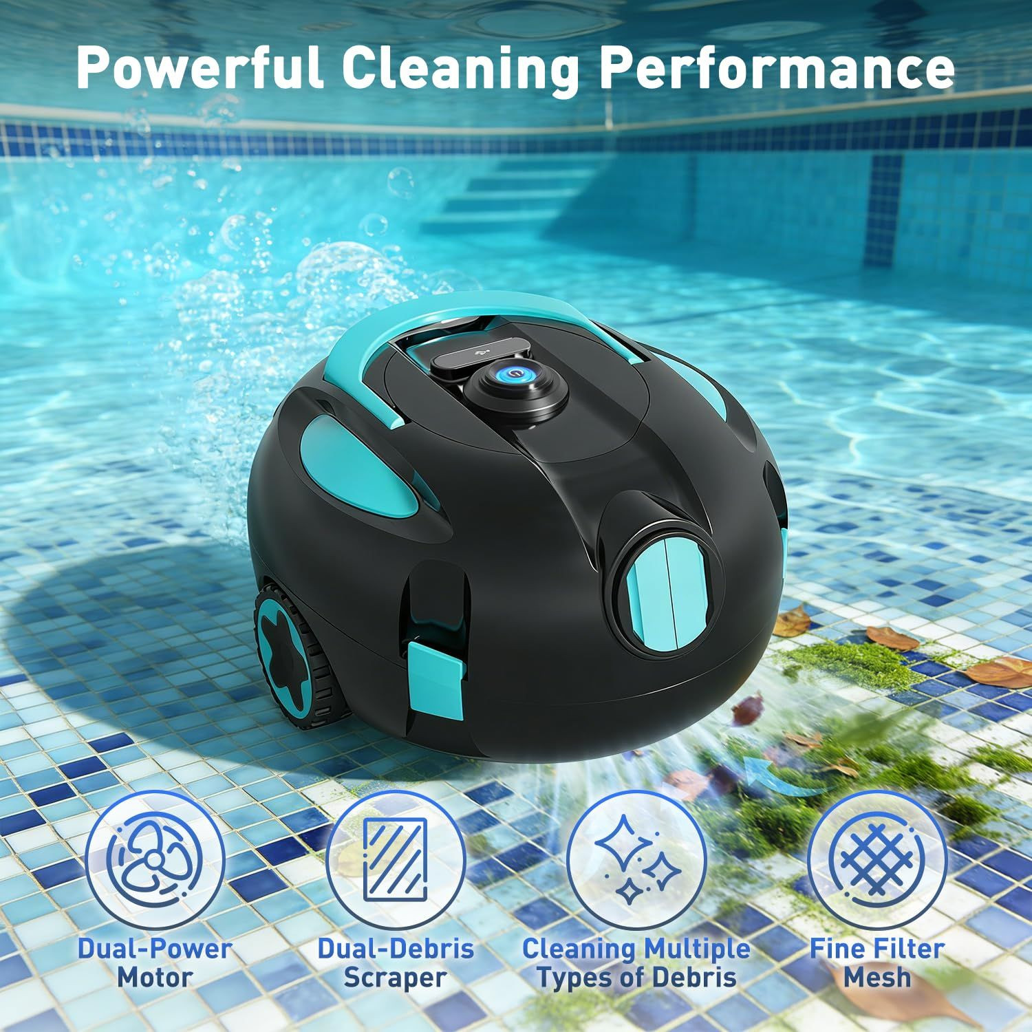 Cordless Pool Cleaner Robot, Robotic with Double Suction Blue