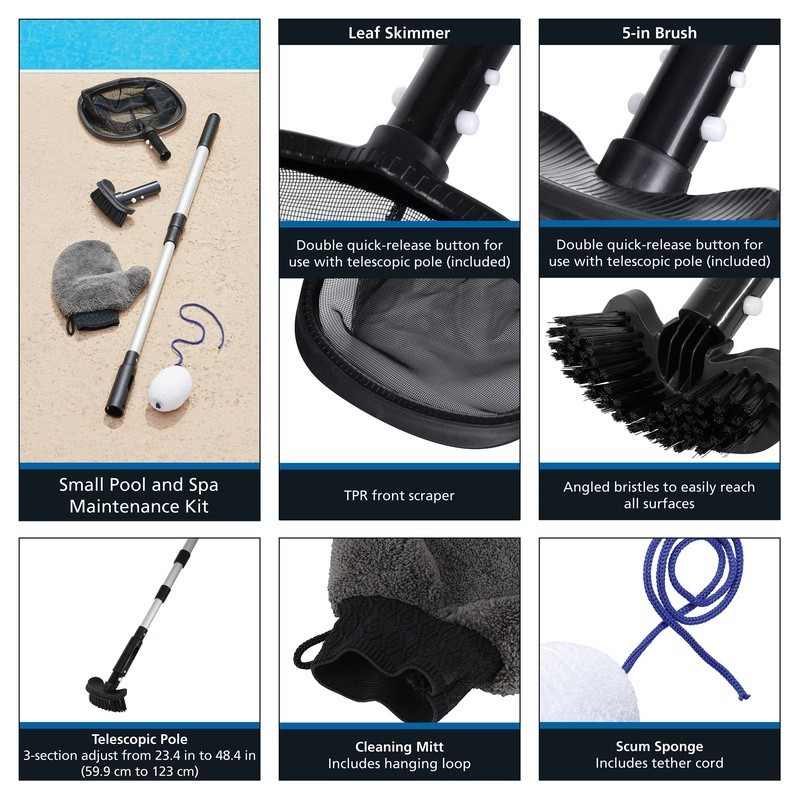 5 Piece Pool Spa Cleaning Maintenance Kit Telescopic Pole Brush Scoop Sponge New