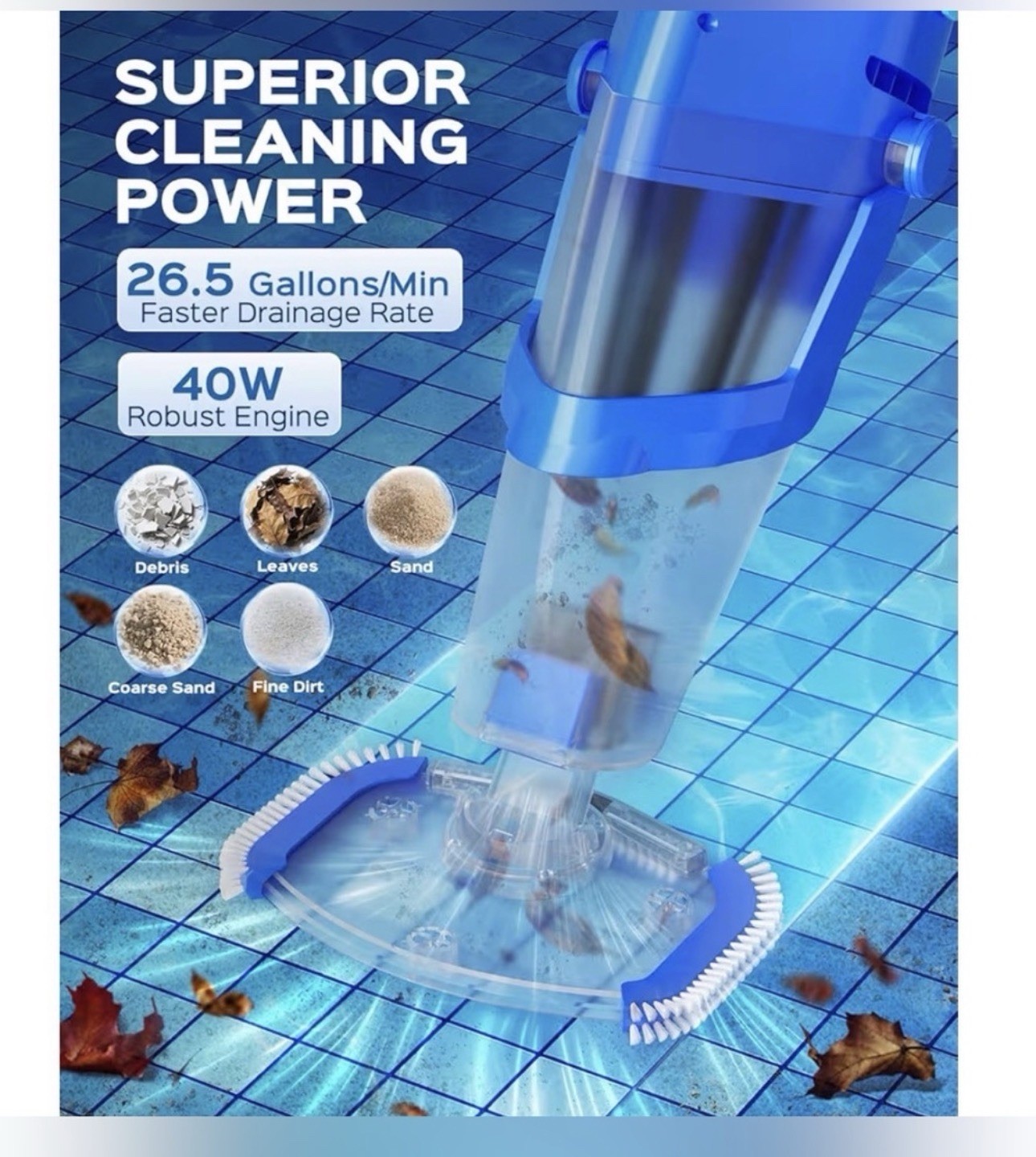dolplets P24 Pool Vacuum 40W IPX8 26.5 GPM w/ Telescopic Pole Blue
