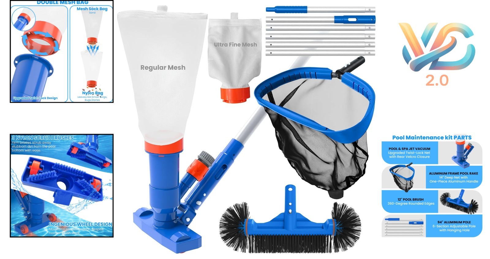 Pool Cleaning Kit with Spa Jet Vacuum, 8-Foot Telescopic Pole, Leaf Rake & Brush