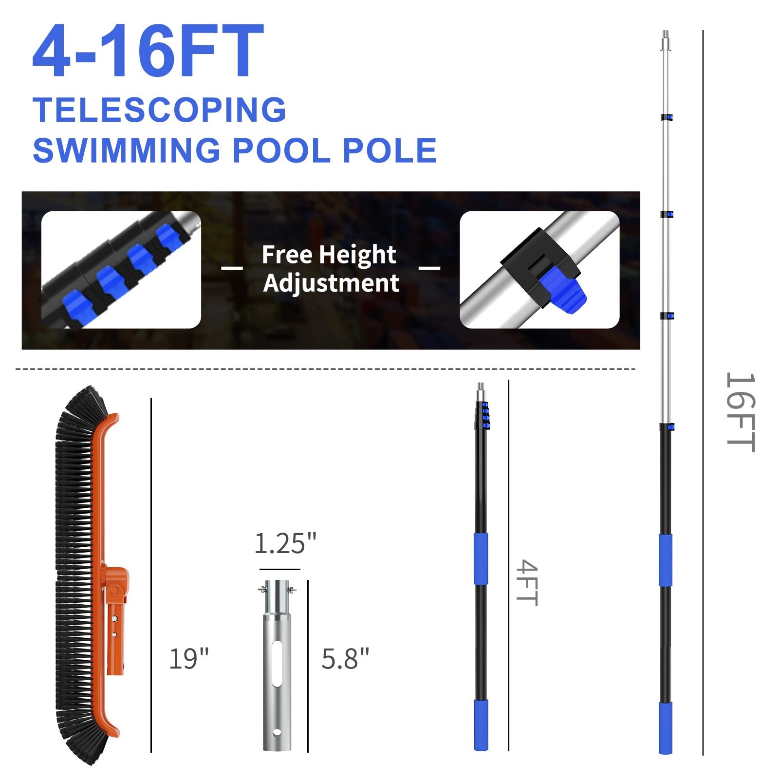 16FT Telescopic Swimming Pool Pole with 19&Prime; Brush Head for Skimmer & Vacuum