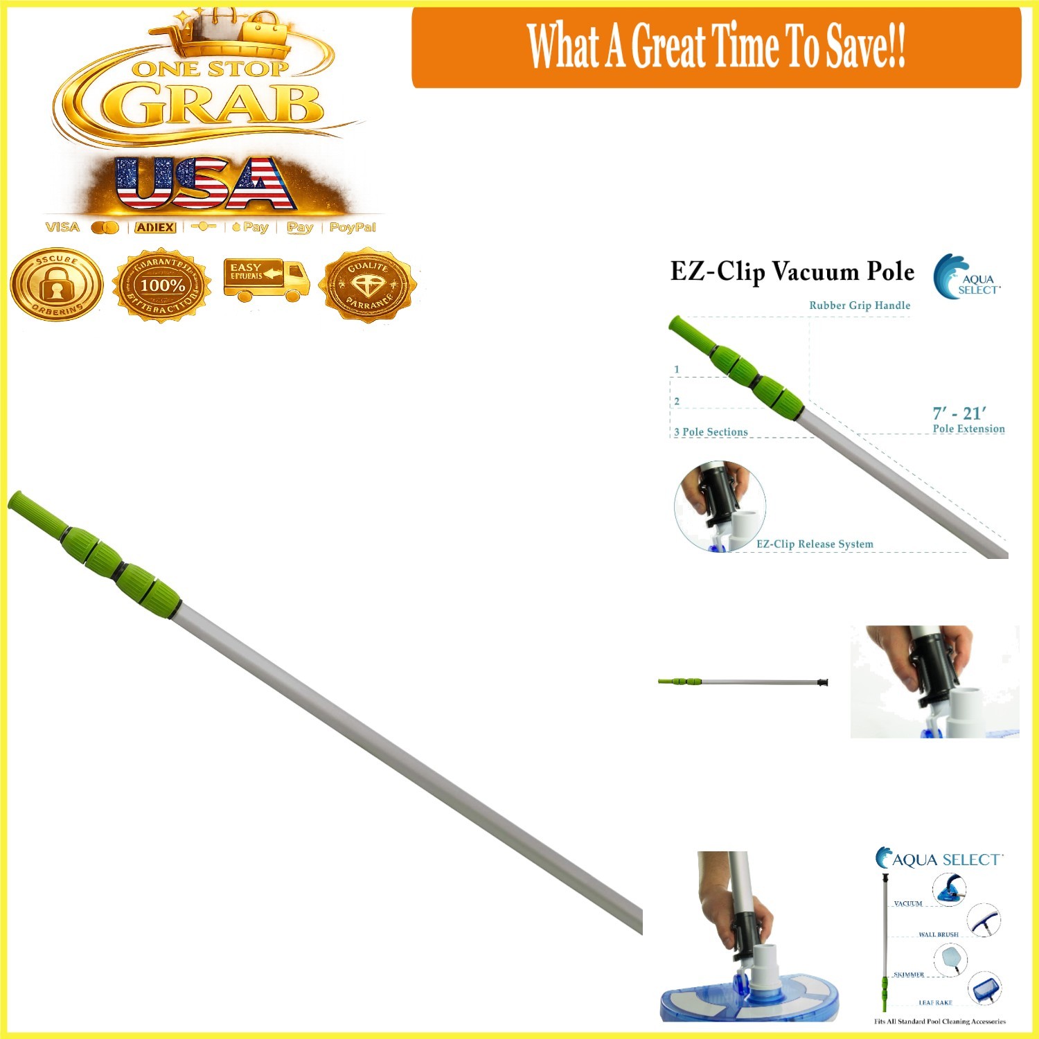 7-21 Ft Aluminum Telescoping Pool Vacuum Pole Heavy Duty Grip