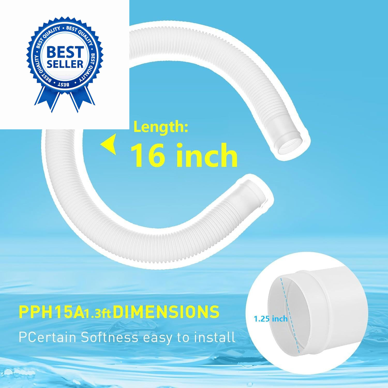 Pool Sand Filter Pump Hose – 1.25&Prime; 16 inches x 1.25 inches, White -1 Pack