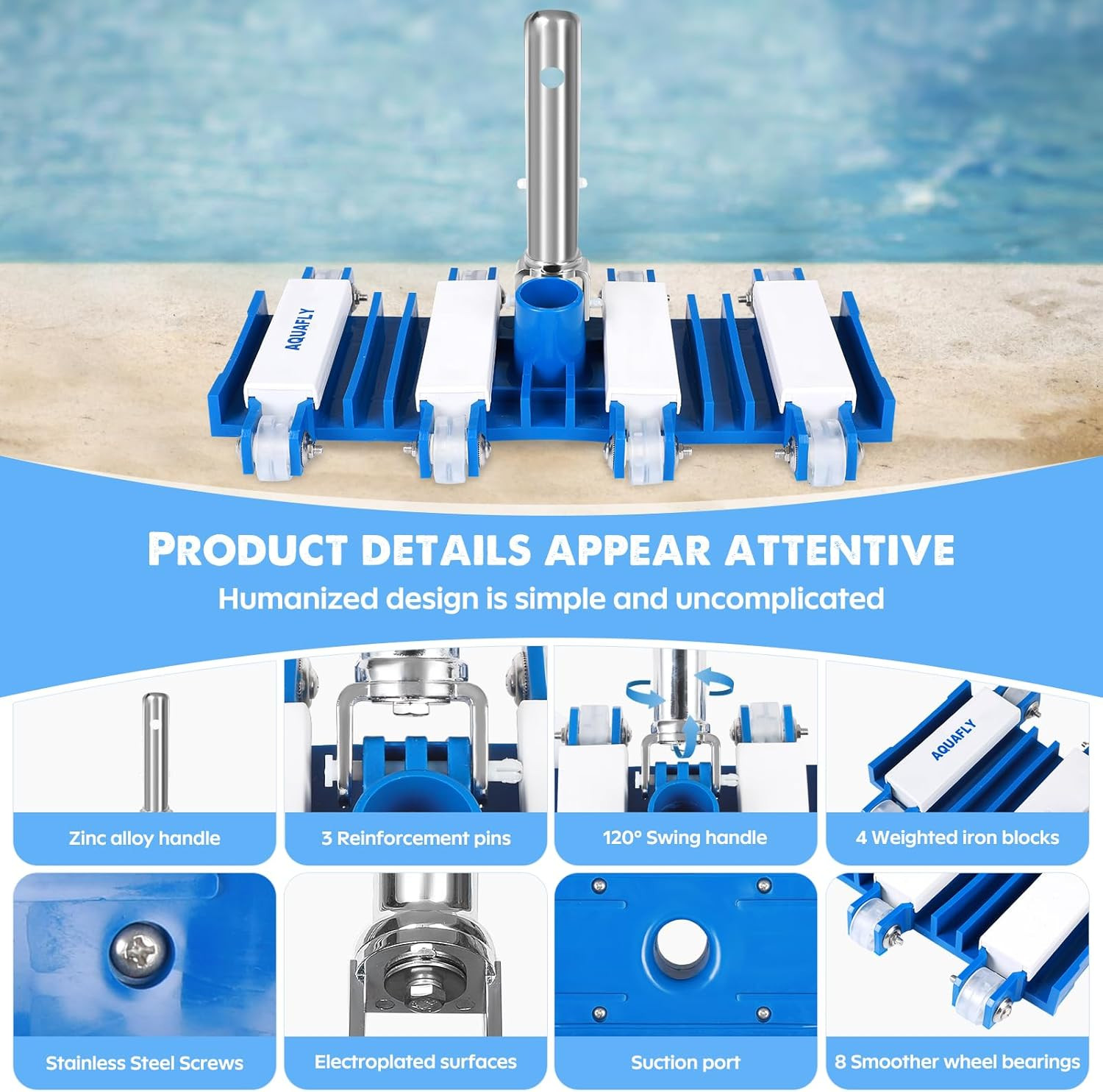 Pool Vacuum Head, Manual Cleaning Vacuum with Wheels 14 » Heavy Duty Handle Pool