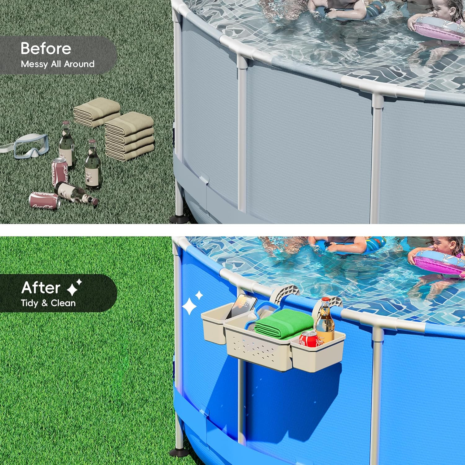 Poolside Storage Basket Above Ground Pool Holder w/ 2 Cup Holders