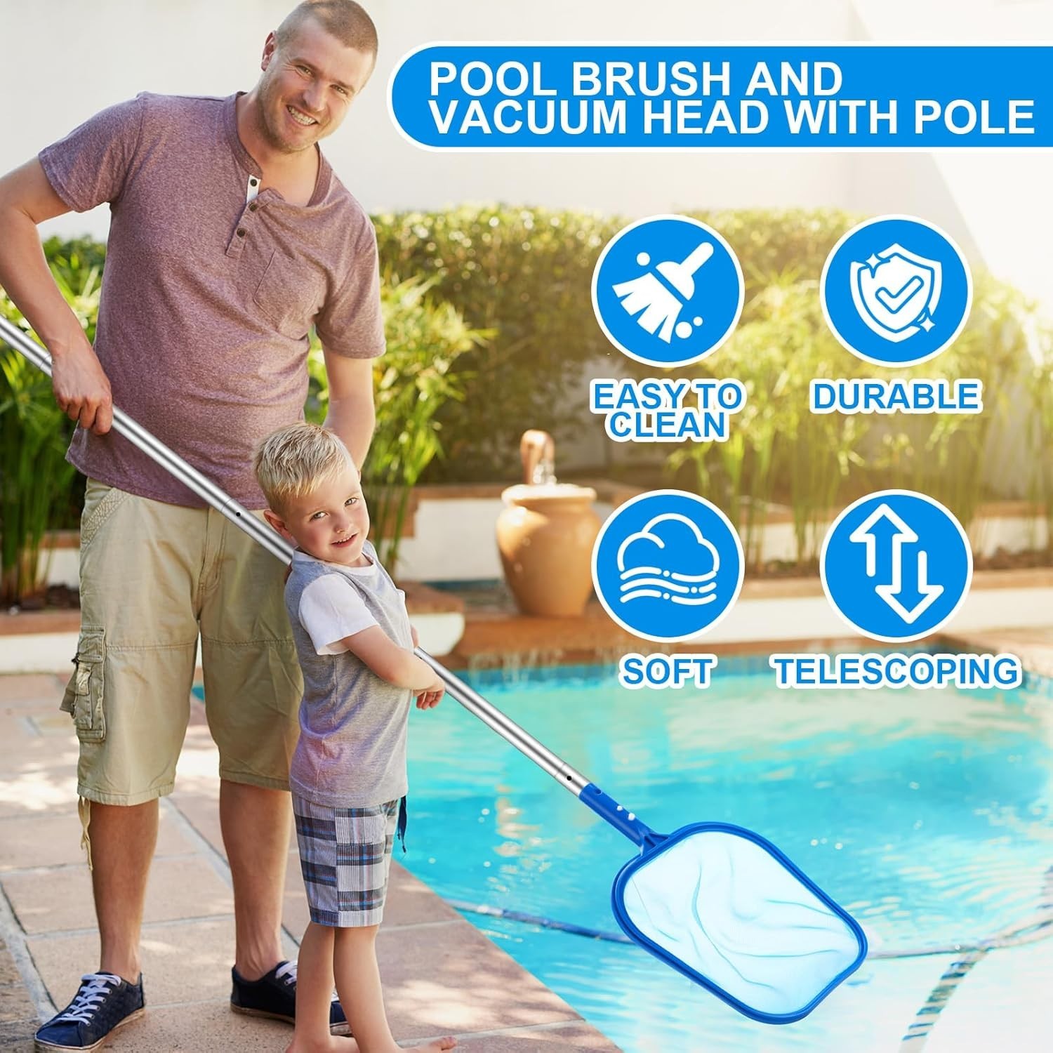 5 Pcs Pool Cleaning Kit Jet Vacuum Skimmer Nets Brush Pole Above Ground Spa