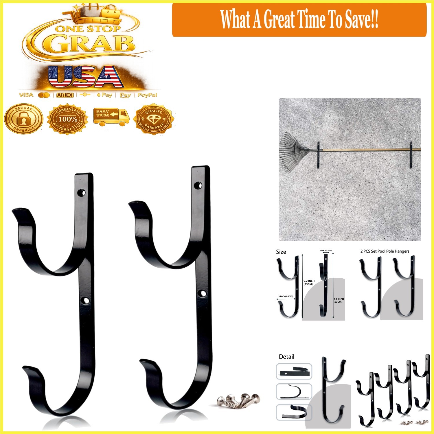 2Pcs Pool Tool Hangers Aluminum Wall Mount Hooks Black Outdoor