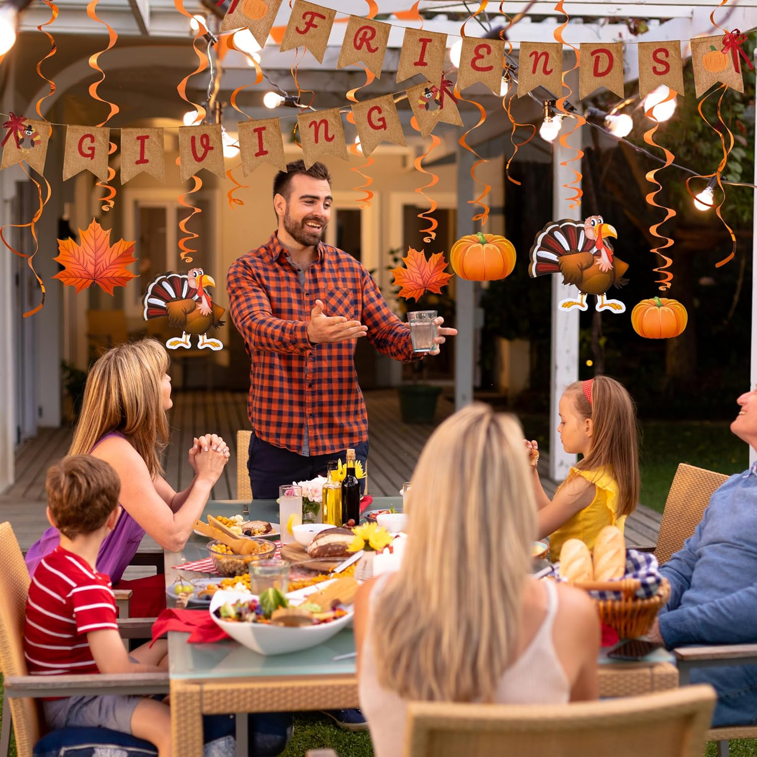 Friendsgiving Garland Kit with 2 Banners & 6 Foil Swirl Cutouts Thanksgiving Set