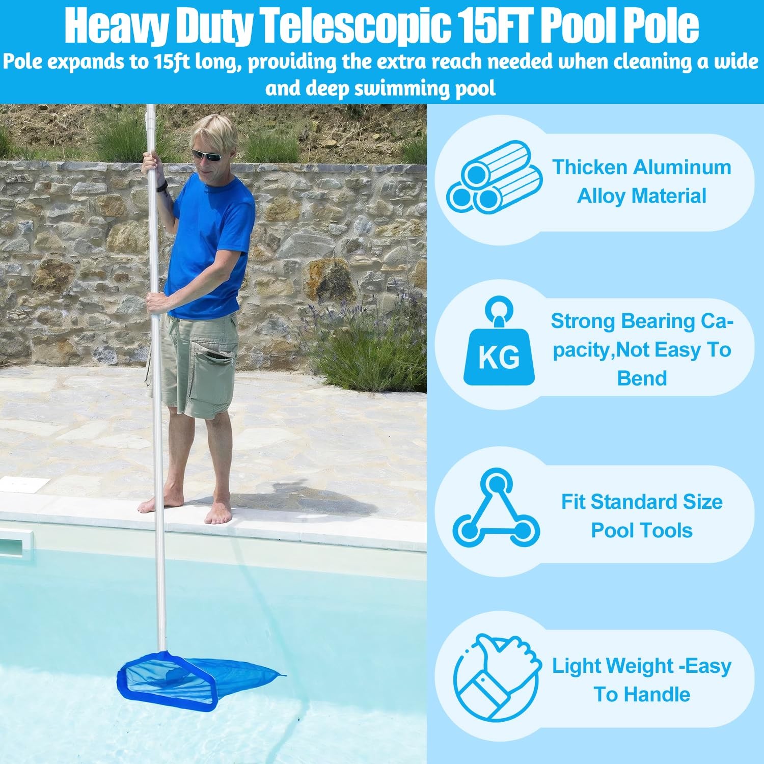 Professional 15 Foot Swimming Pool Pole Telescopic Aluminum Fits Pool Net Ski…
