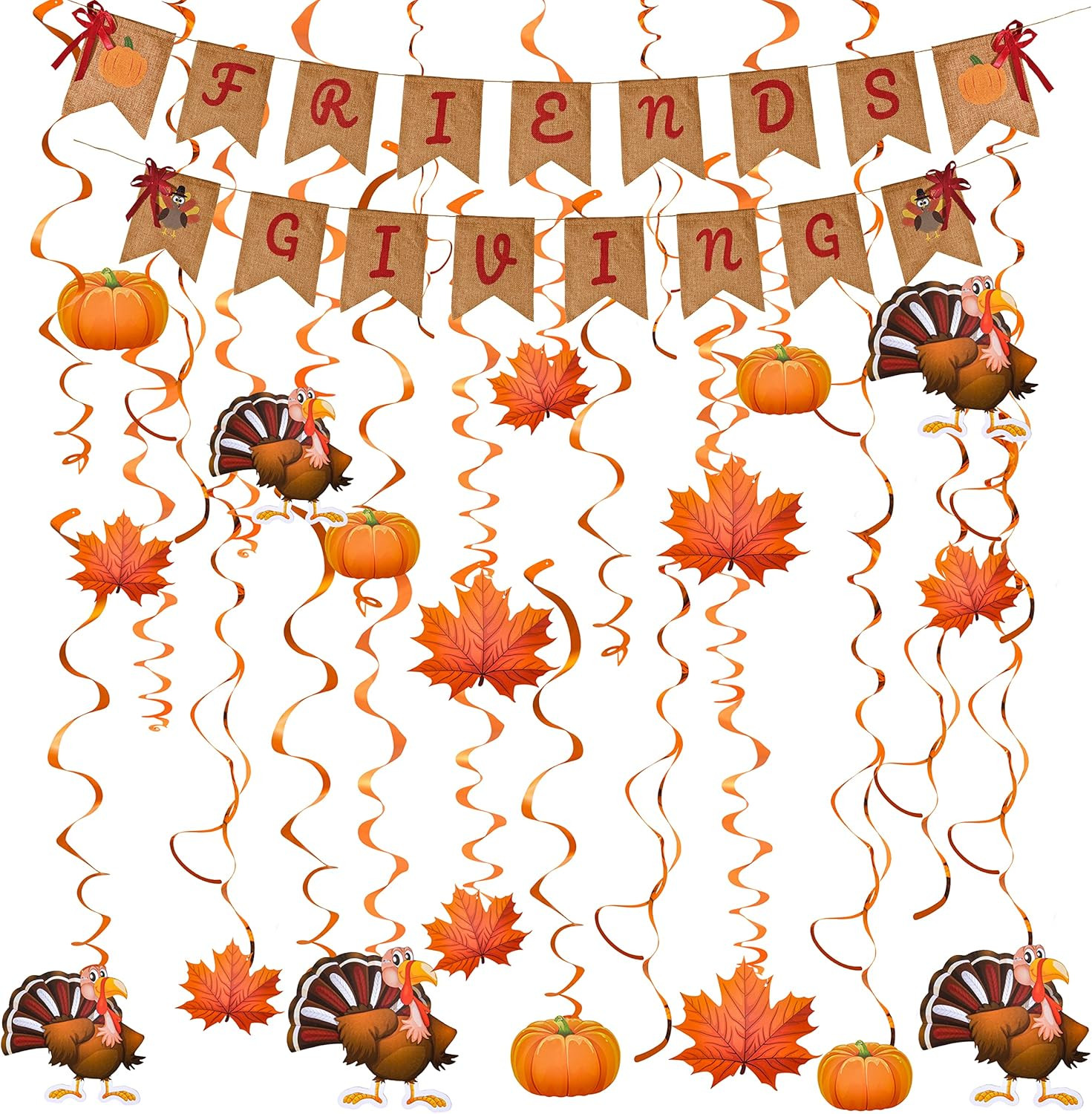 Friendsgiving Garland Kit with 2 Banners & 6 Foil Swirl Cutouts Thanksgiving Set