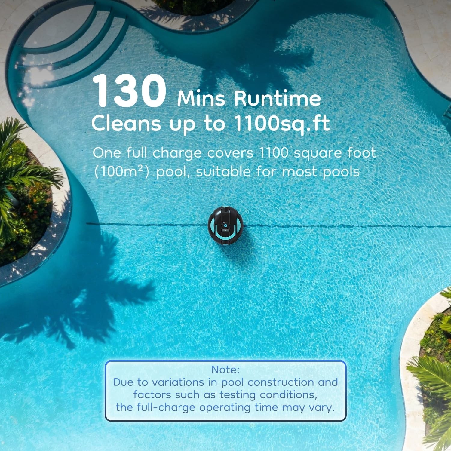 Cordless Robotic Pool Cleaner Dual Suction 130-Min Battery Lightweight