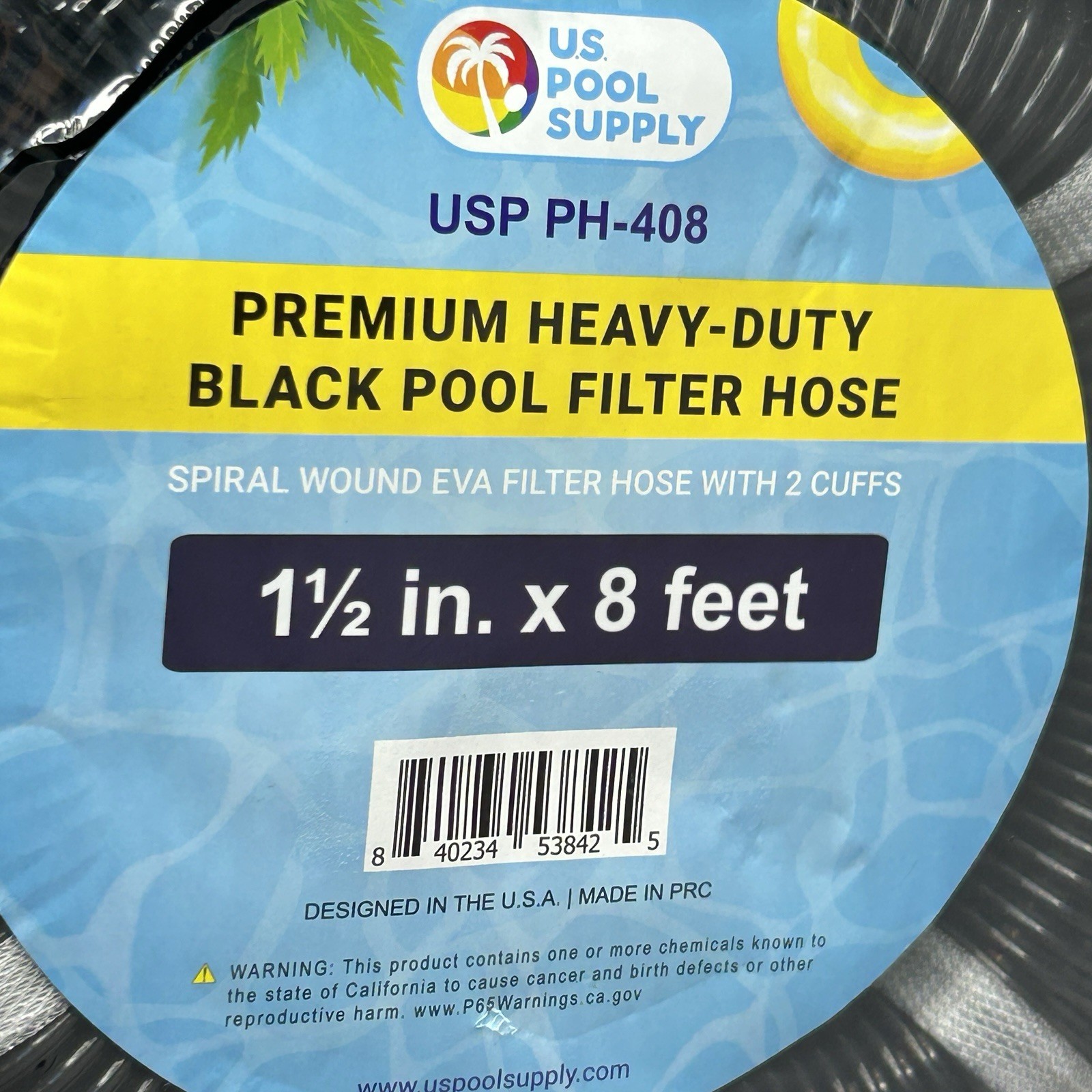 US Pool Supply 1.5in x 8ft Premium Heavy Duty Black Pool Filter Hose 2 Cuffs NEW