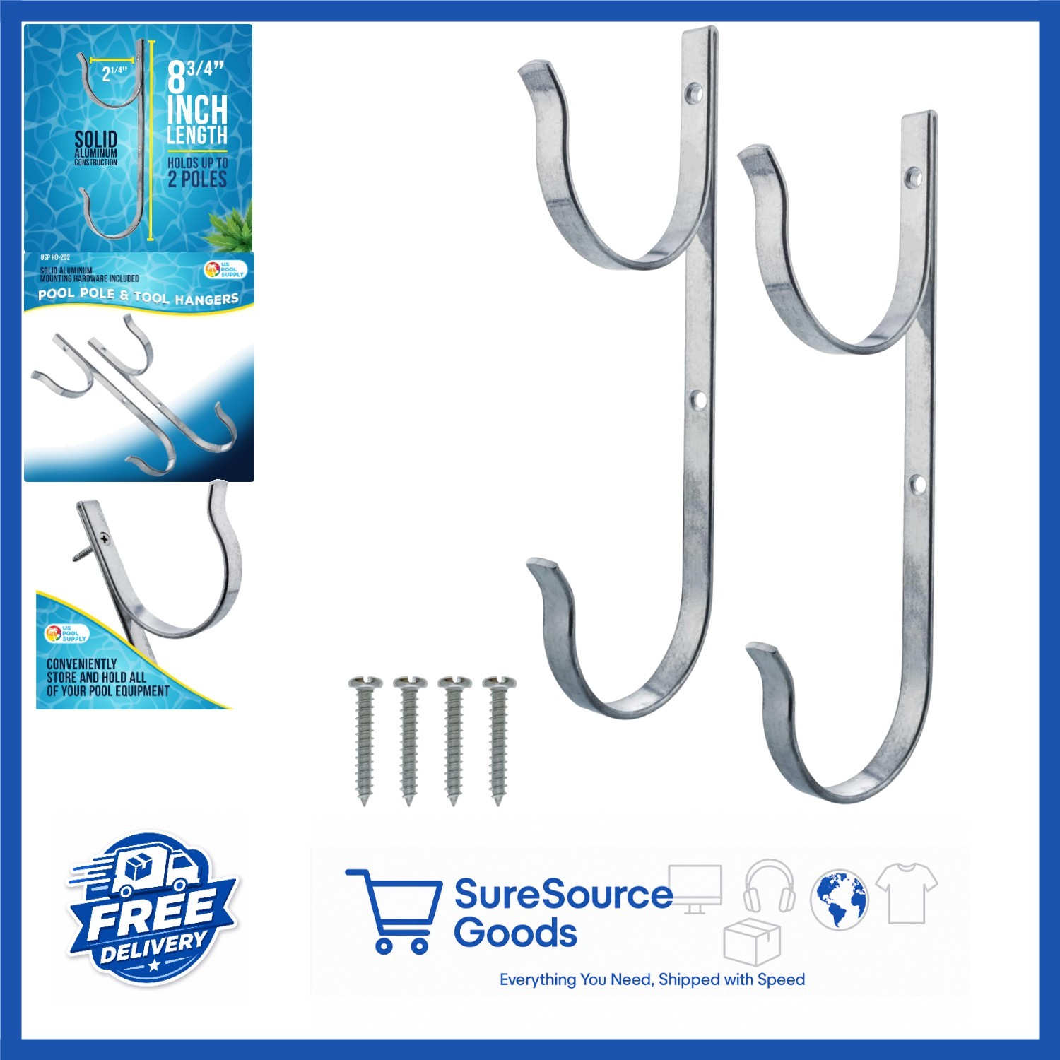 Aluminum Pool Pole Hangers 2 Hooks for Telescopic Accessories Organizer