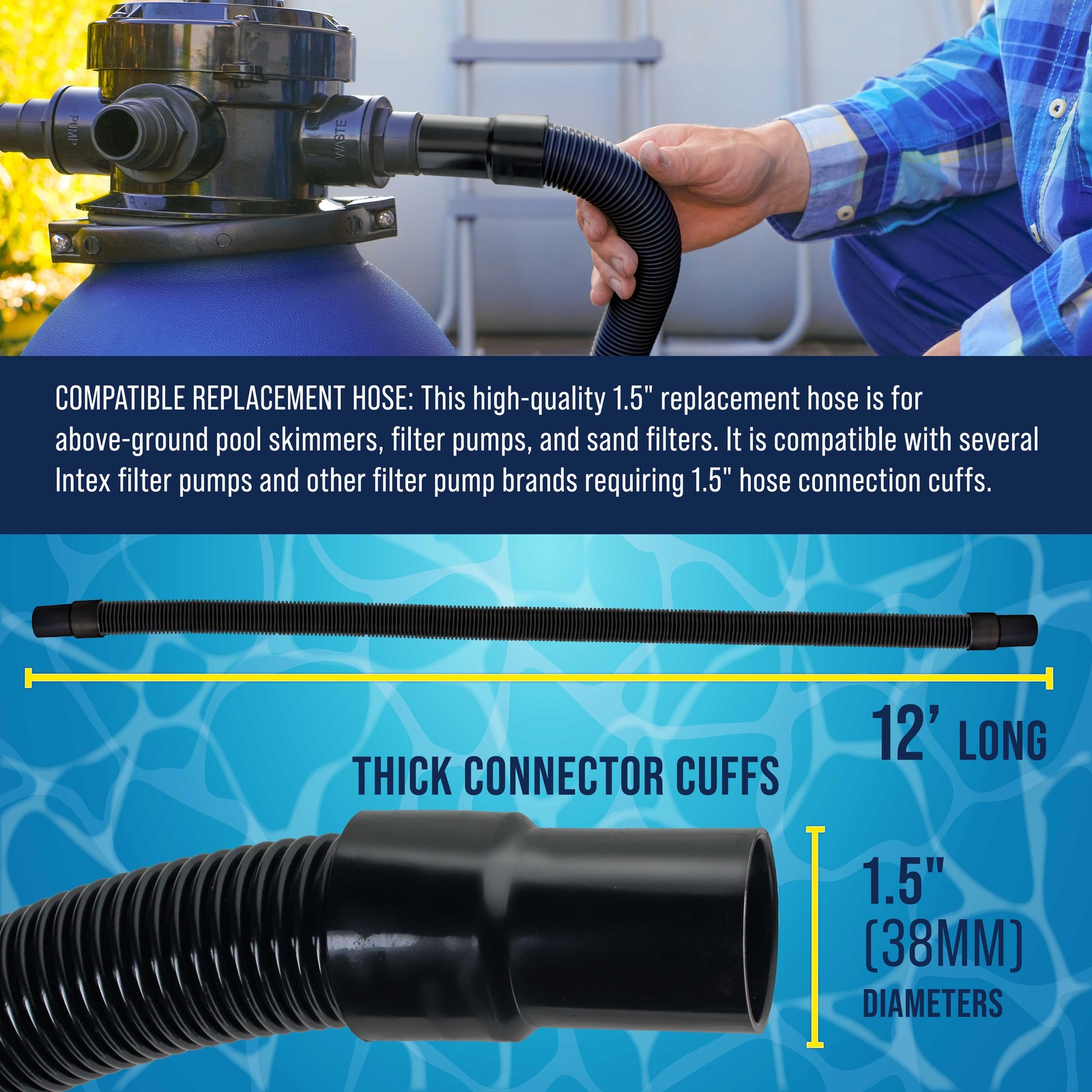 12 Foot Heavy-Duty Above Ground Pool Hose, 1.5&Prime; – Black Filter Connecting Hose