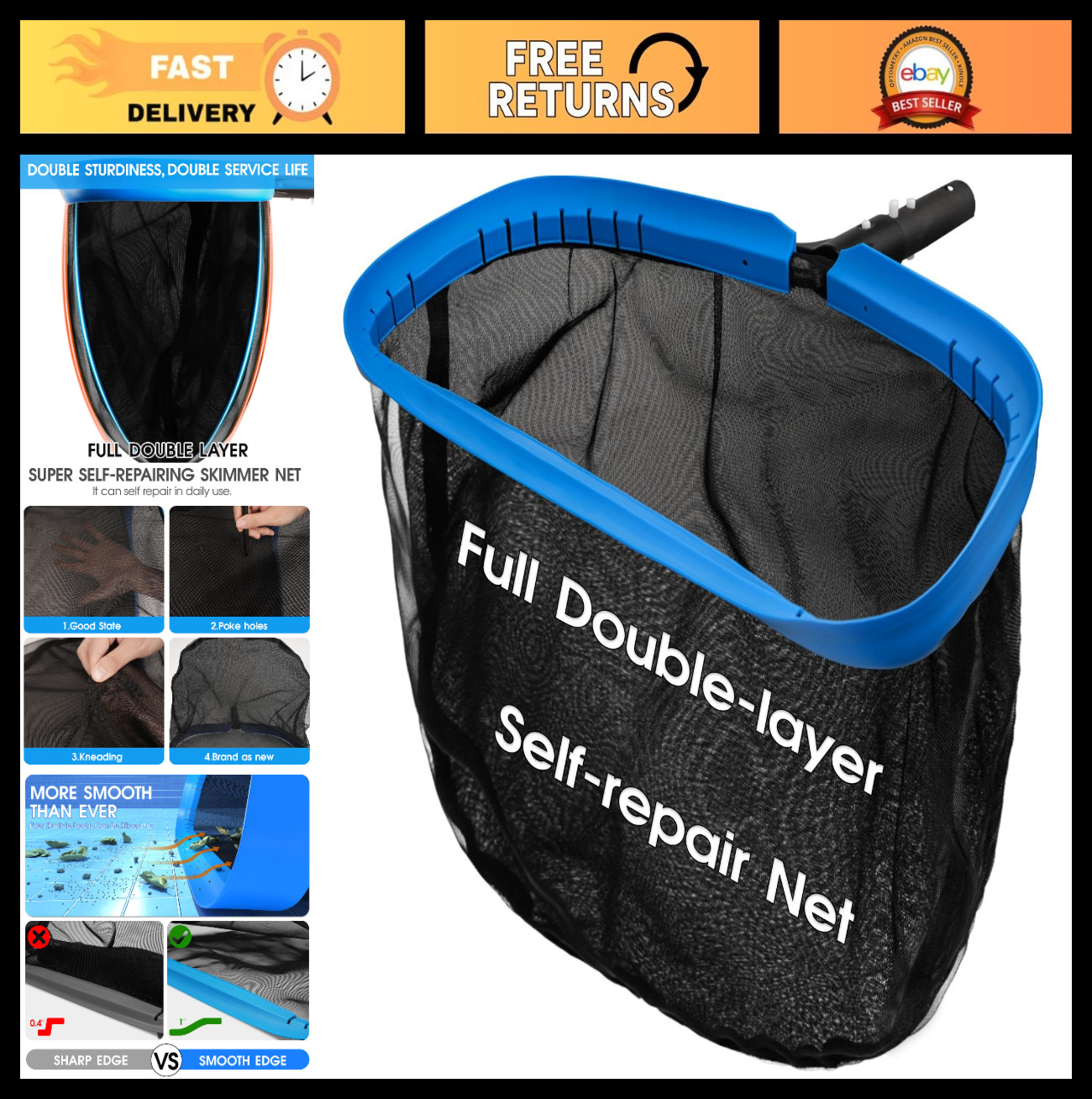 Heavy Duty Double Layer Pool Net Rake 17.5 » – Fine Mesh & Self-Repair for Debri