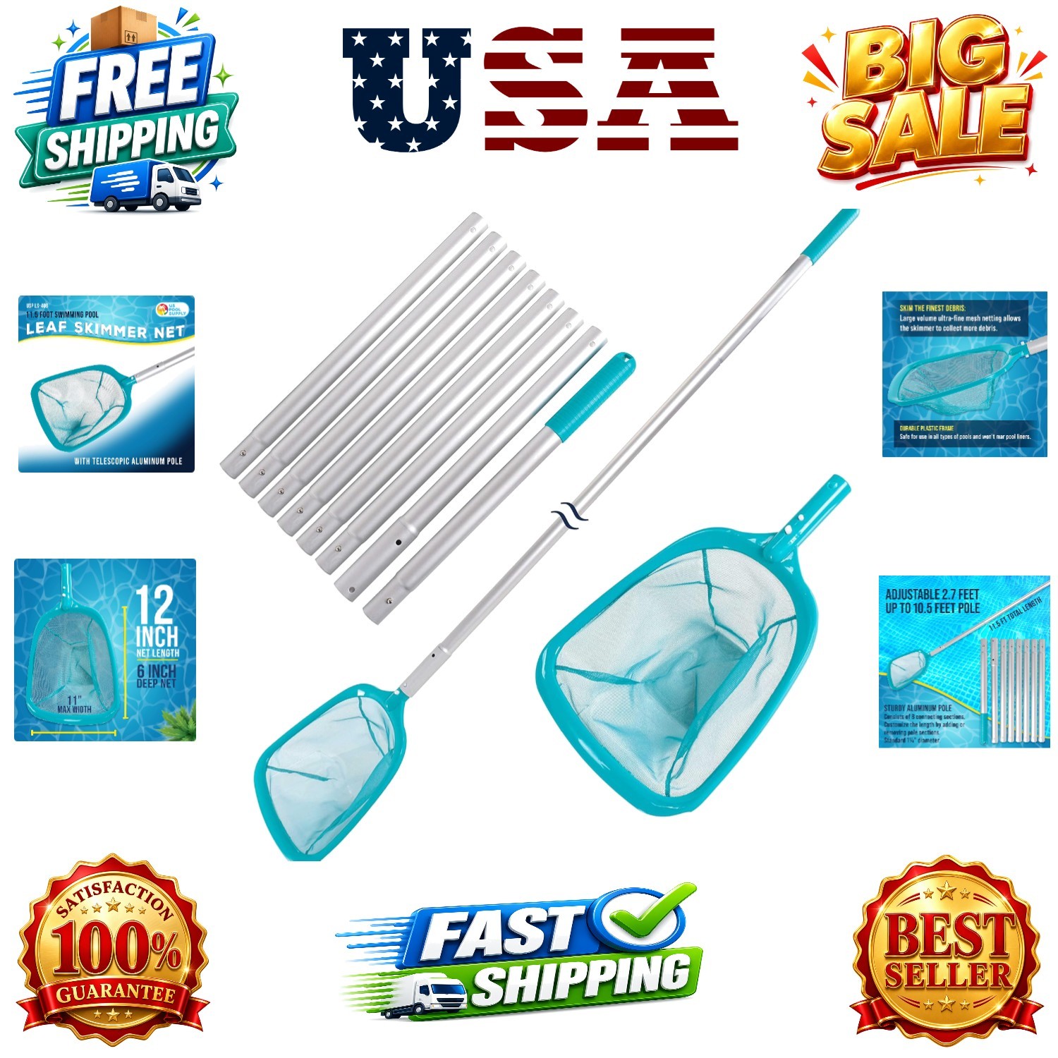 11.5 Foot Swimming Pool Leaf Skimmer Net with Telescopic Aluminum Pole, 8 Sec…