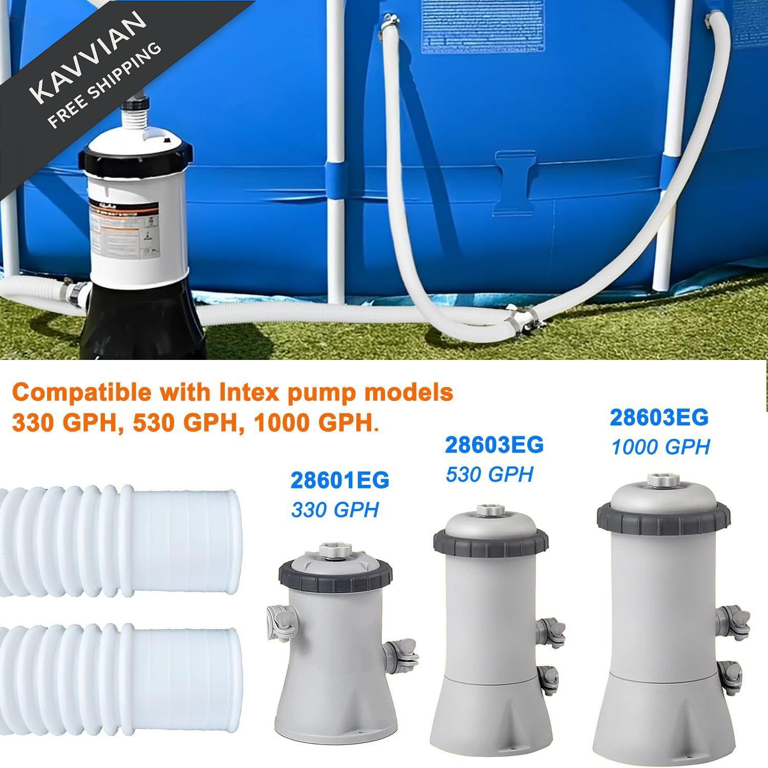 Qloby 2 Pack 1.25&Prime; x 59&Prime; Pool Hoses for Above Ground x 59&Prime;, White