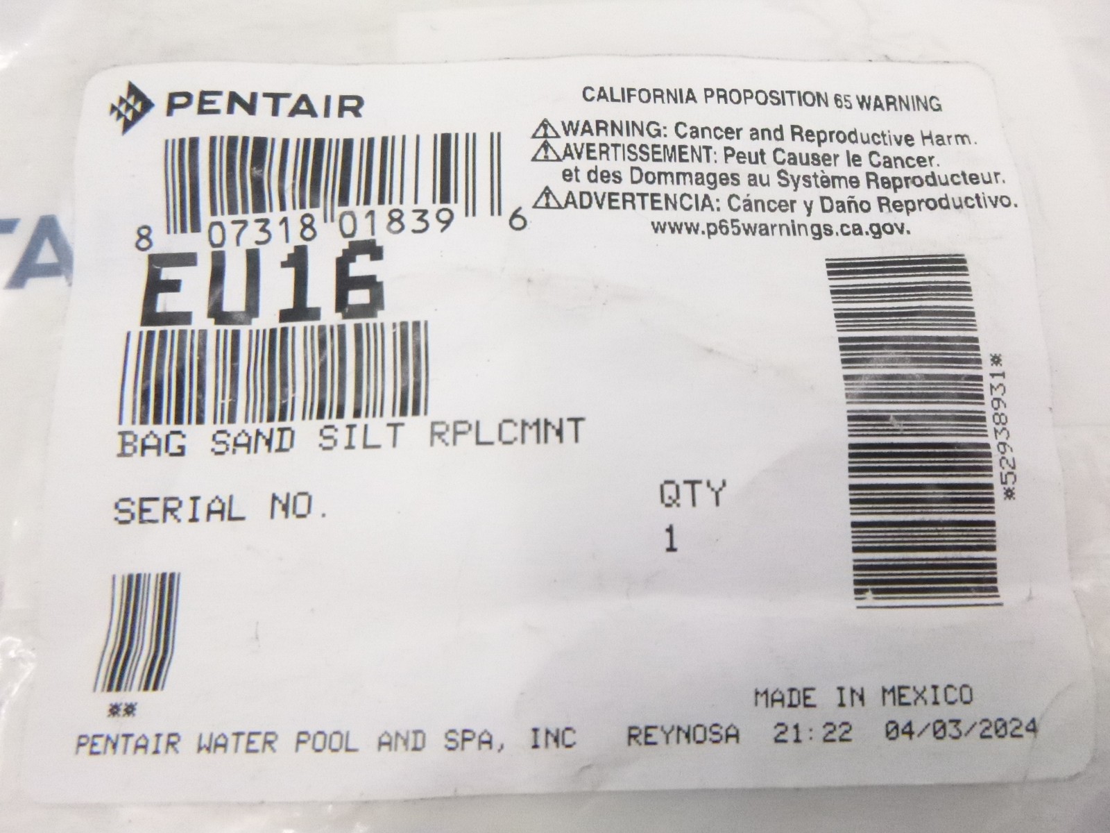 Pentair Legend Fine Mesh Sand/Silt Bag EU16 For Letro LL505G LL105 LL205