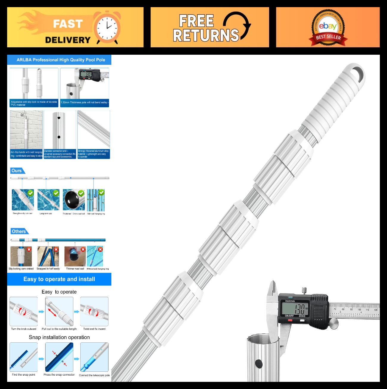 Heavy Duty 16.5ft Telescopic Pool Cleaning Pole – Adjustable Aluminum Extension