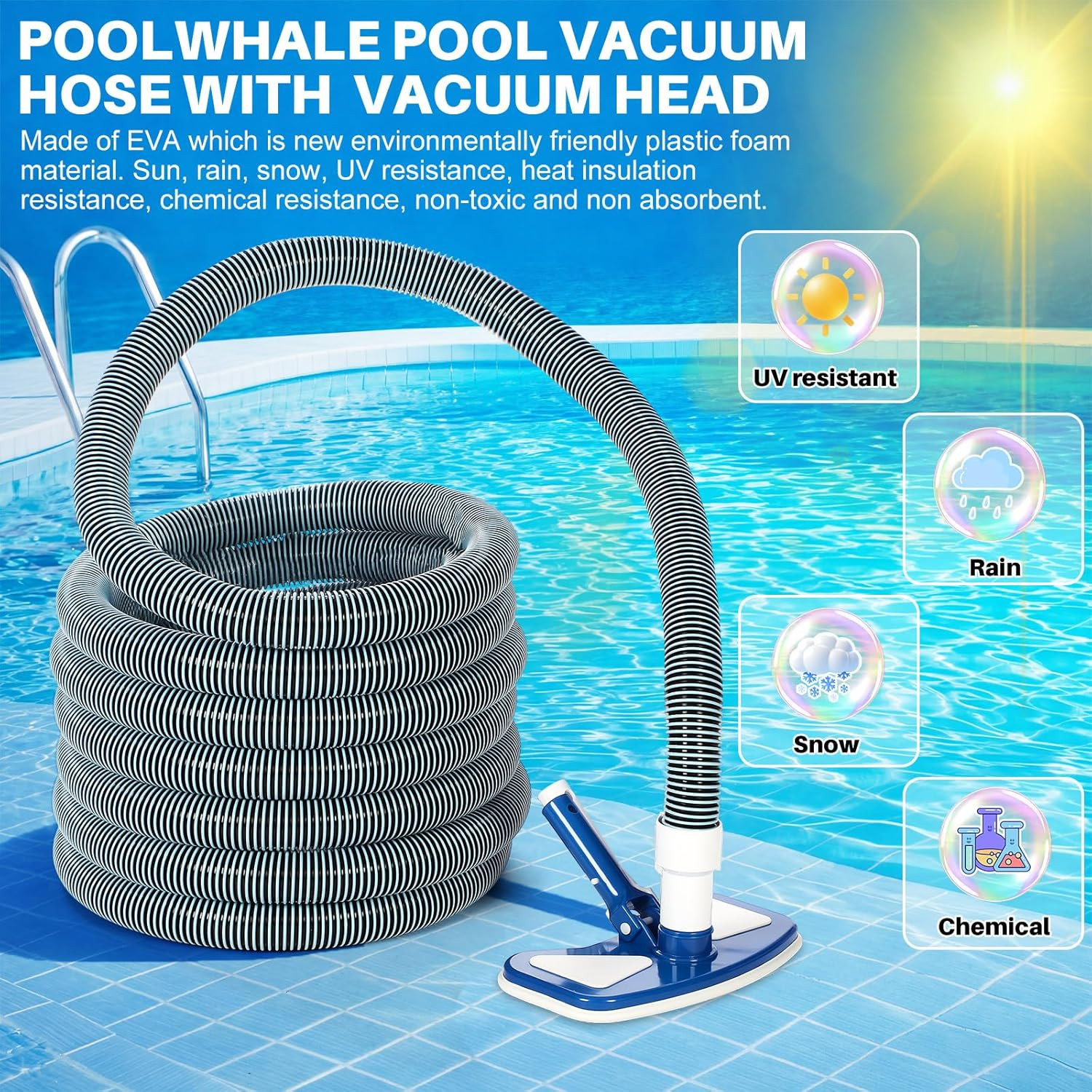3 Pcs Pool Cleaning Kit 11.8&Prime; Vacuum Head with Flexible Wheels, 1-1/2 X 18Ft Hos