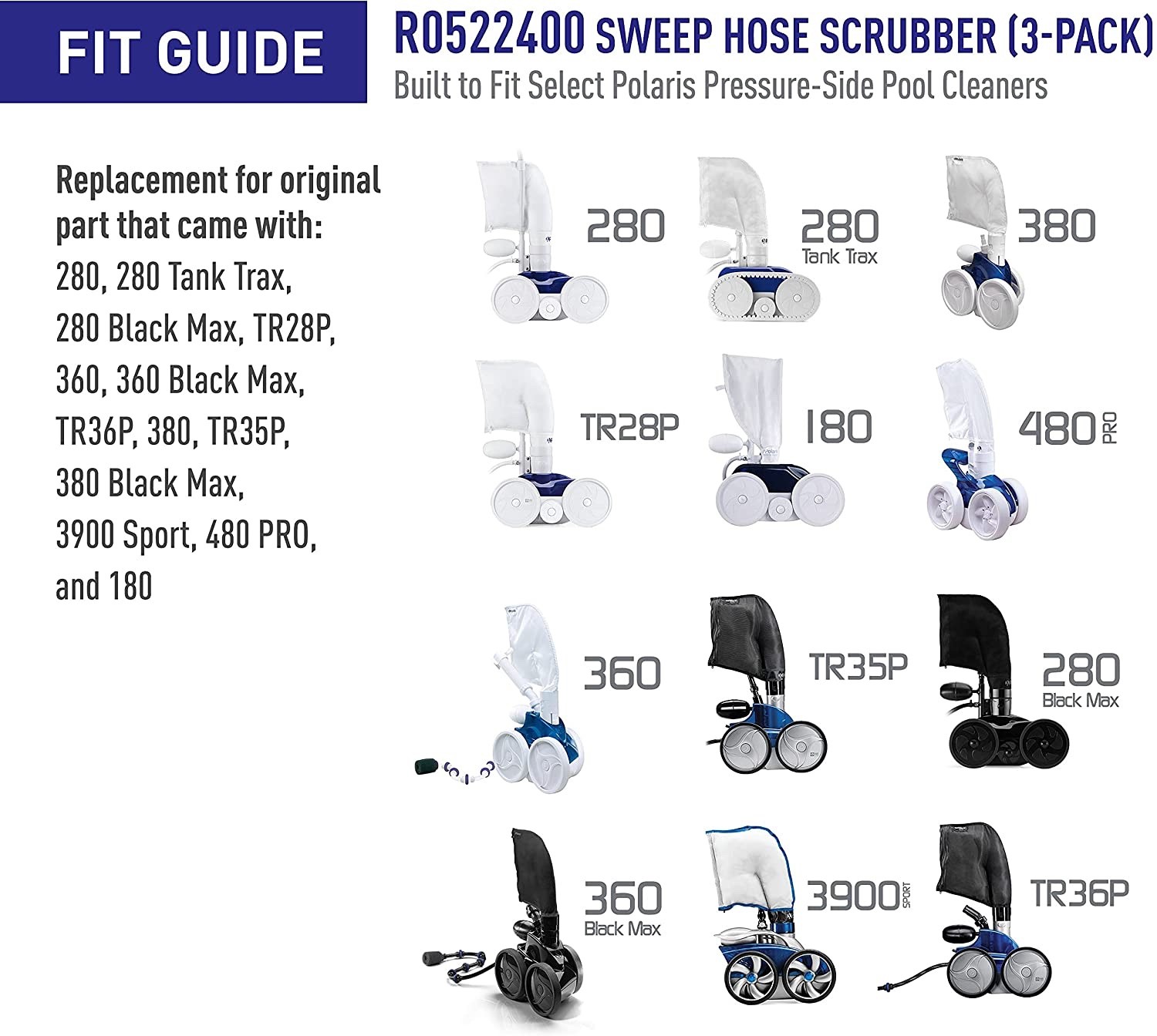 Polaris Genuine R0522400 Sweep Hose Scrubbers 180 280 360 380 3900 (6) 3-PKS