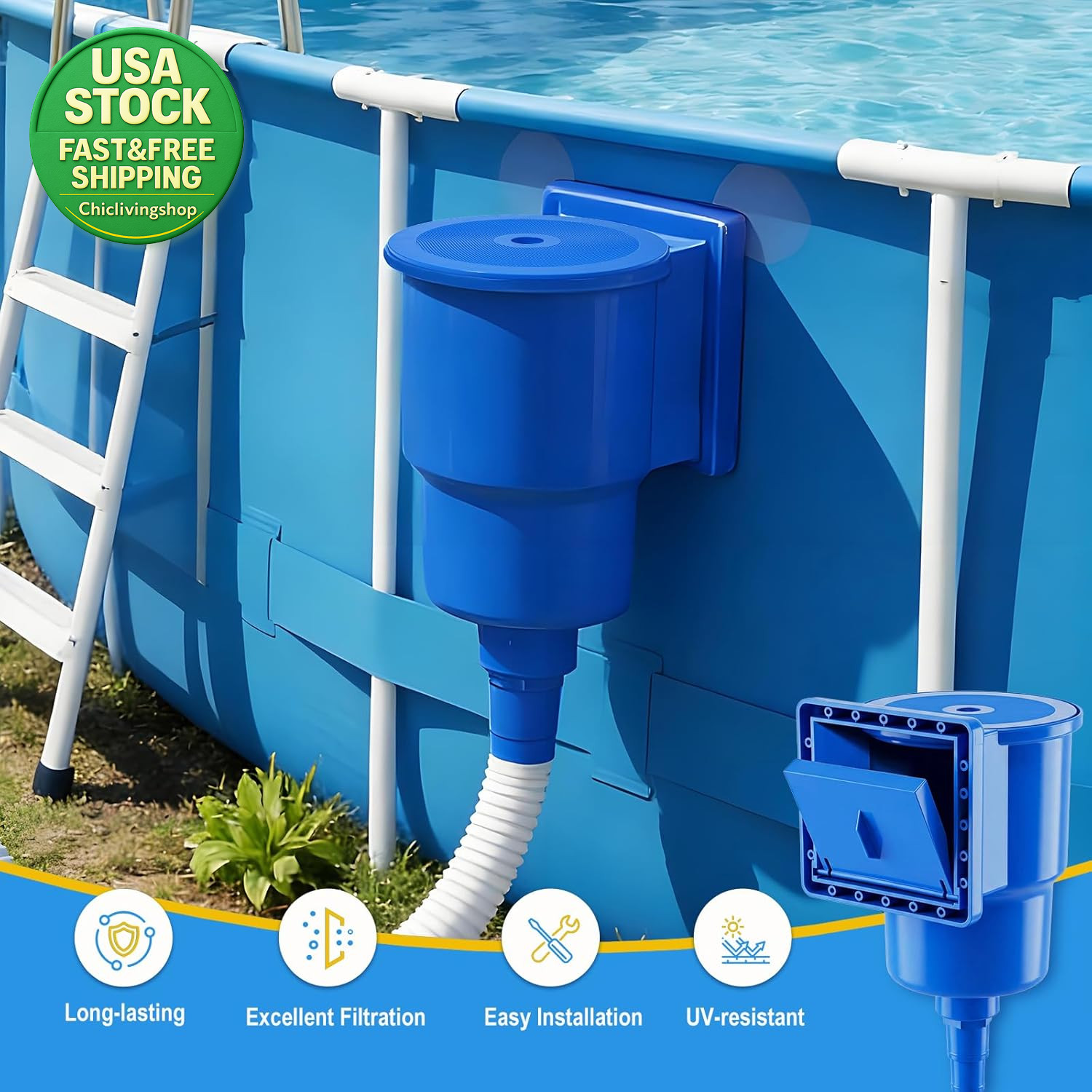 Above Ground Pool Skimmer Heavy Duty through Wall Kit Universal Fit Klein Blue