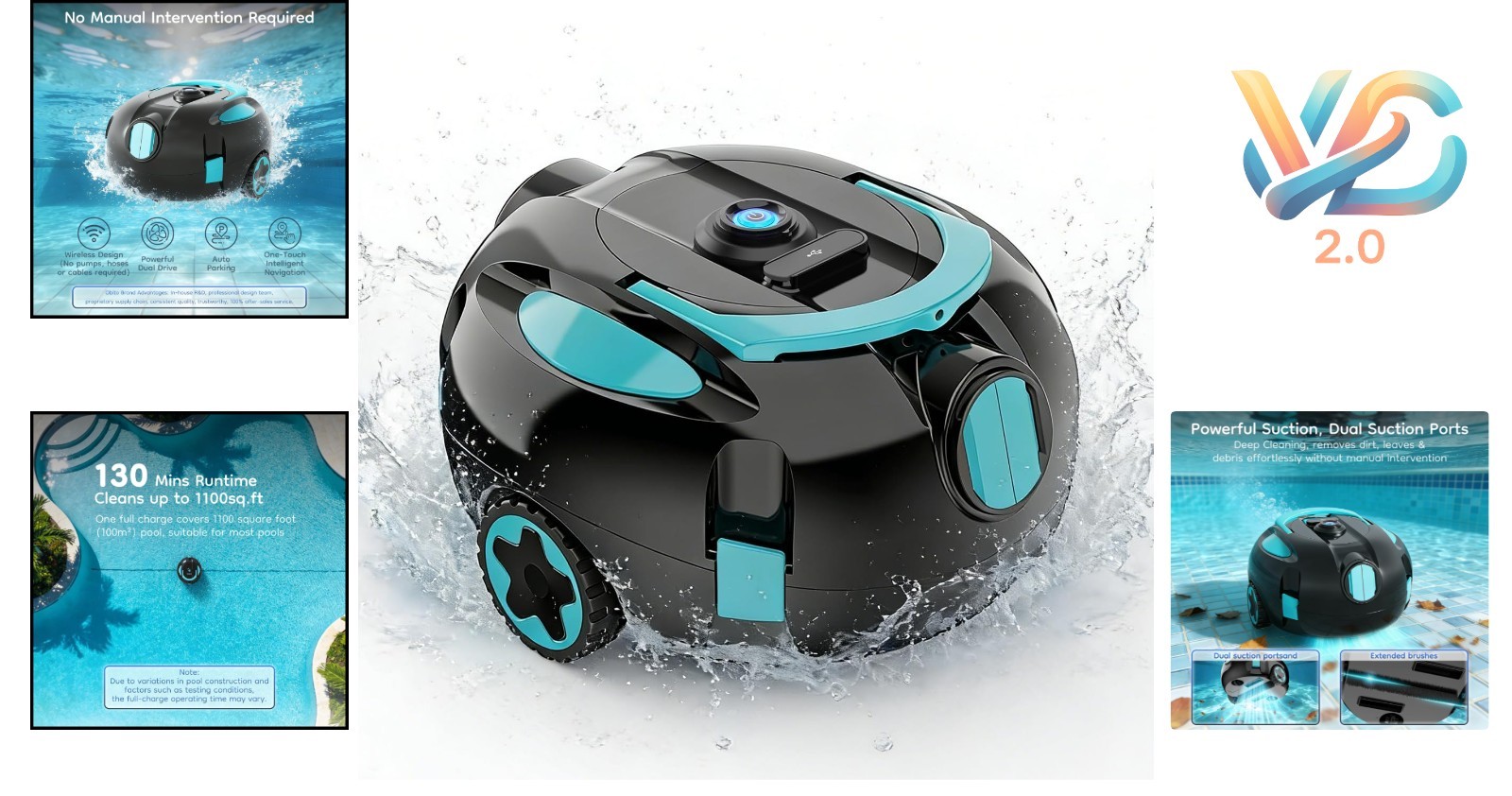 Cordless Robotic Pool Cleaner Dual Suction 130-Min Battery Lightweight