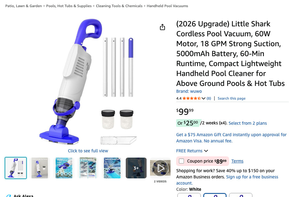 (2026 Upgrade) Little Shark Cordless Pool Vacuum, 60W Motor, 18 GPM Strong