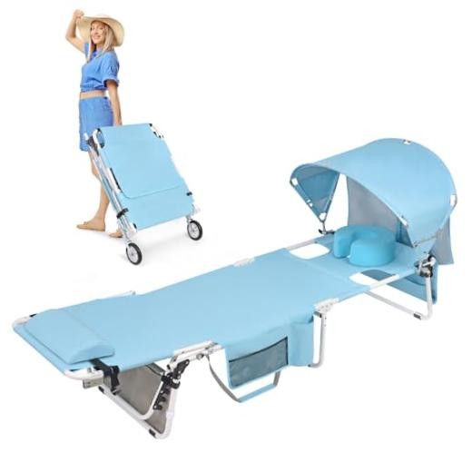 Wheel-To-Go Tanning Chair with Wheels Sun Light Blue Standard Size + Sun Canopy
